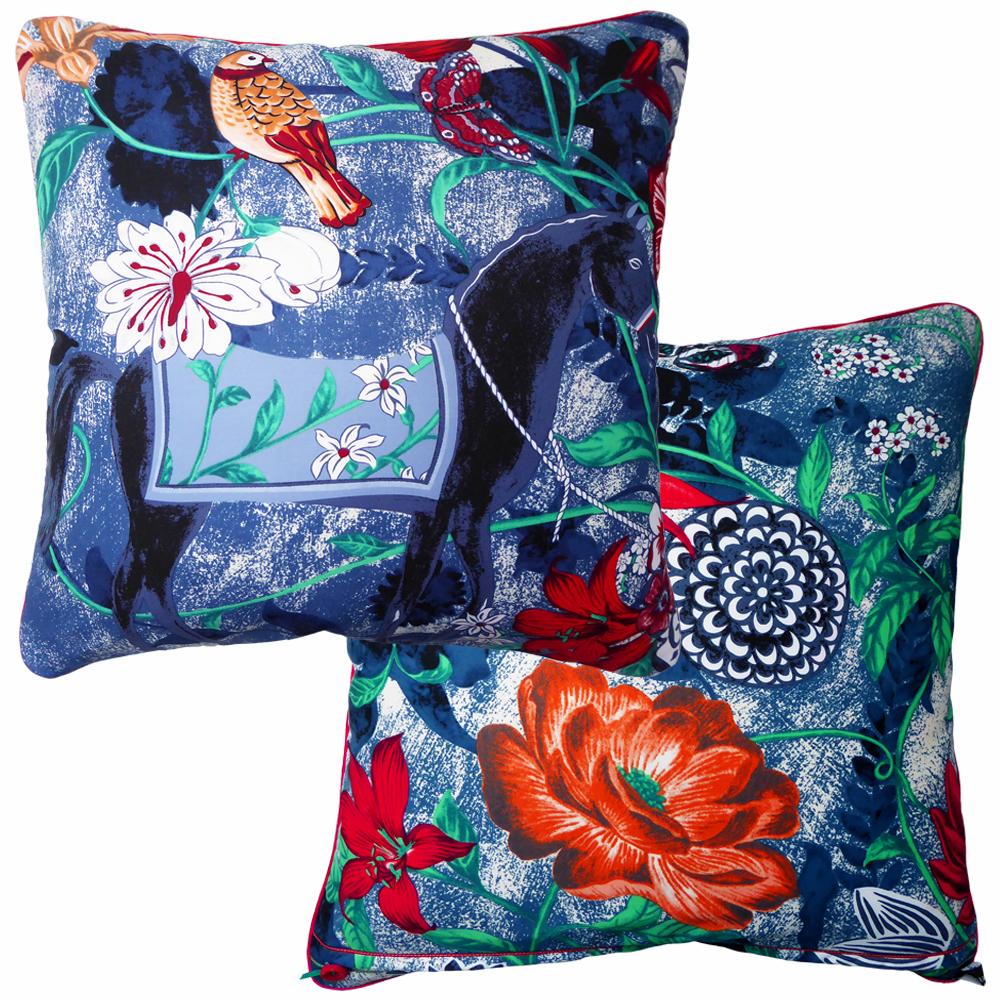 Equus Azul
circa 1990
British bespoke made luxury cushion created by using stunning coloured silk featuring glorious graphics and floral images 
Provenance; Japan
Made by Nichollette Yardley-Moore
Silk with complete interfacing and full cotton