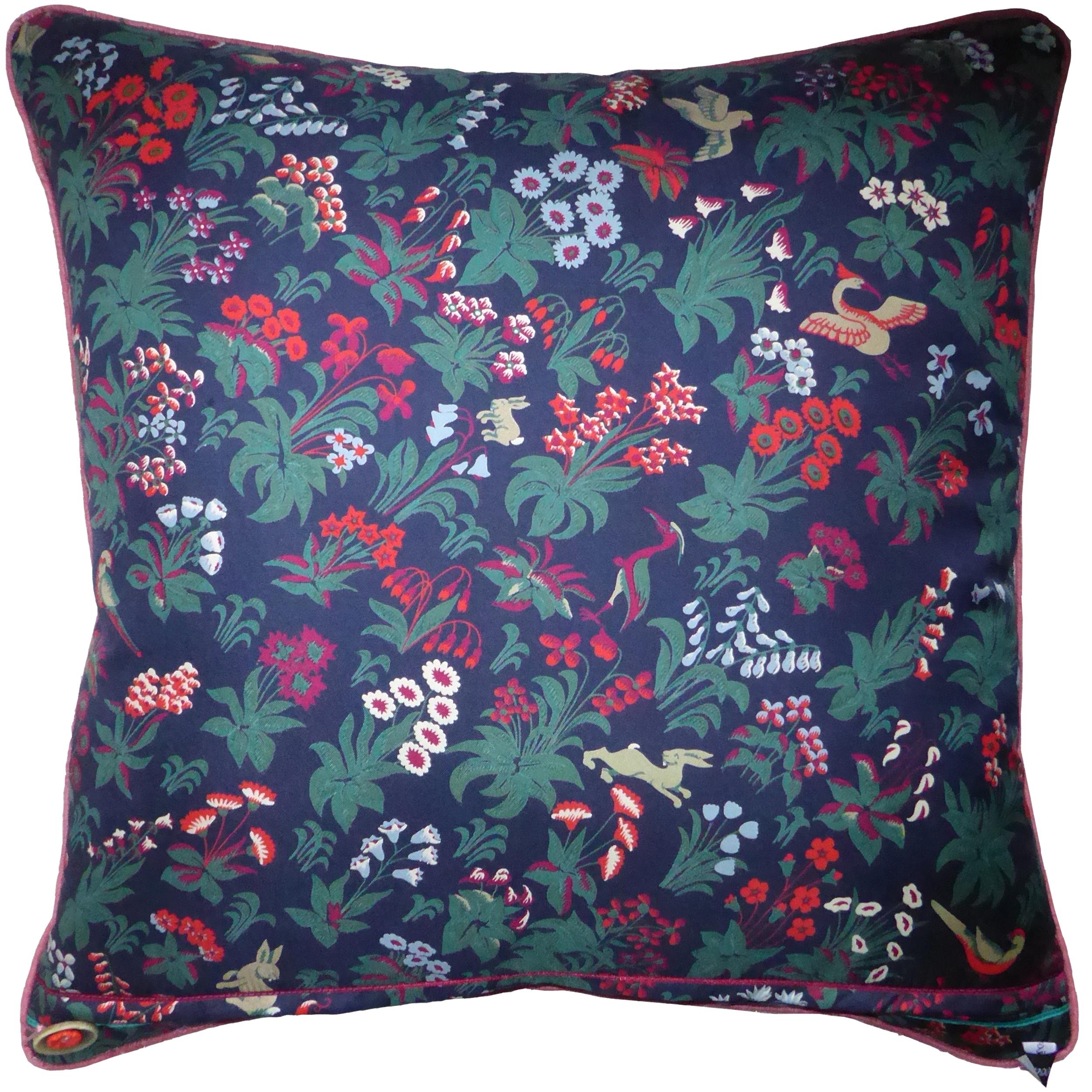 Compton
circa - 1980
British bespoke-made luxury cushion created using original vintage silks with two beautiful and complimentary mis-match sides. Both sides are designed and printed by the British company Beckford Silks. The front is a design by