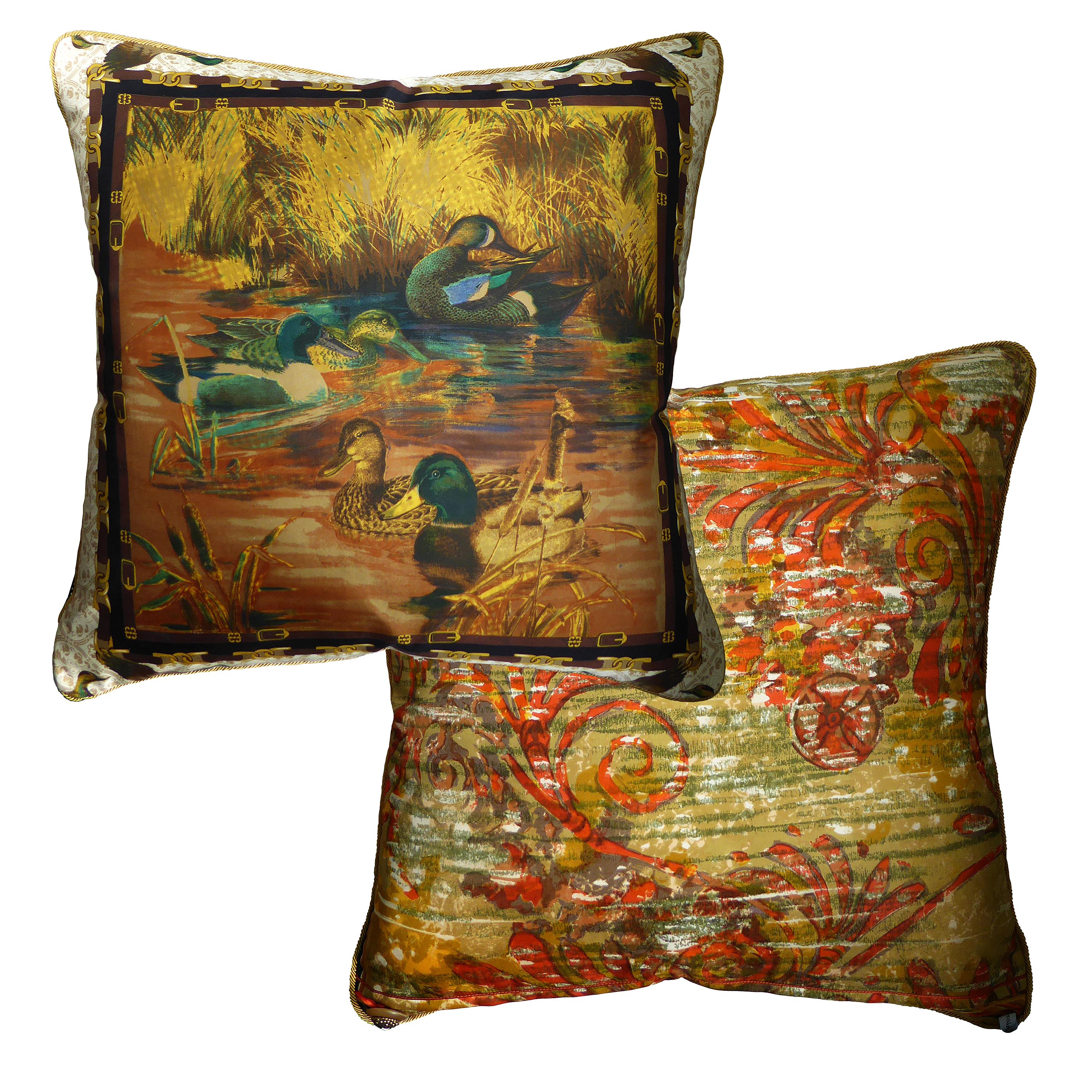 Organic Modern Vintage Cushions, Luxury Silk Bespoke Made Pillow ‘Mallards', Made in England