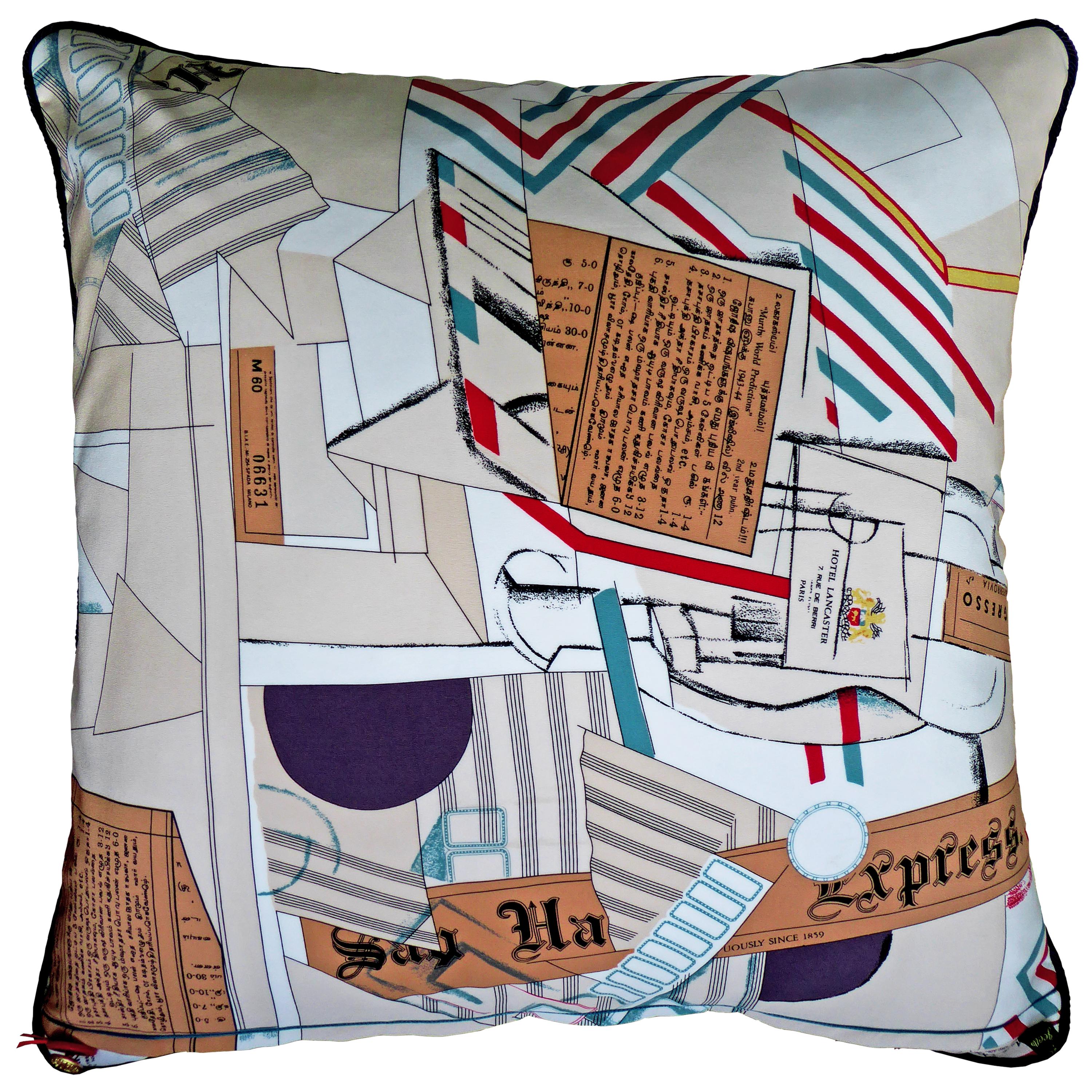 The Star Spangled Banner,
circa - 1960 and 1980 
British made bespoke luxury cushion created using original vintage silks featuring two beautiful mismatch sides. The design on the front is an abstract motif based on the American flag complimented on