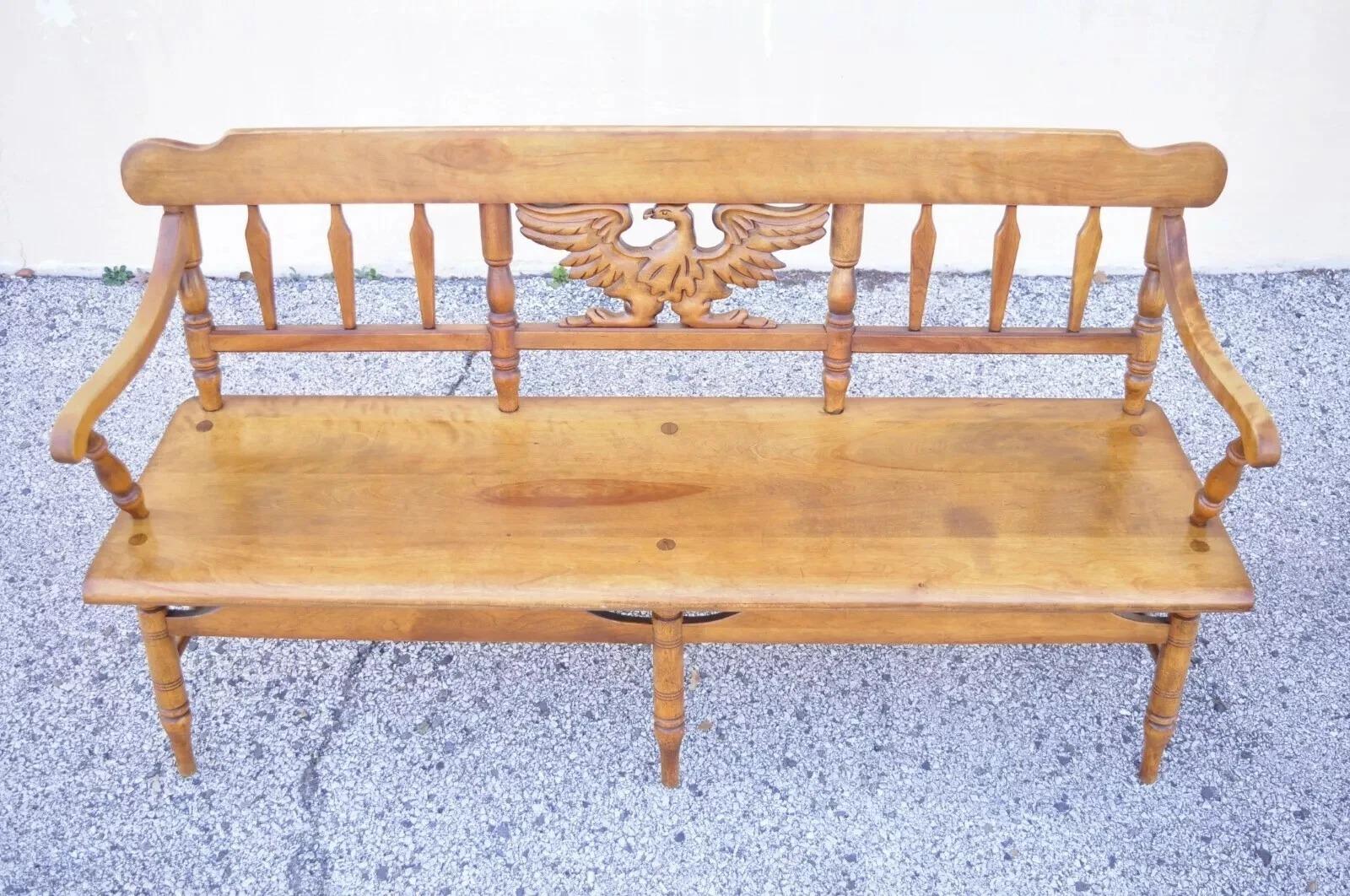 Vintage Cushman Maple Wood Carved Eagle Back Colonial Settee Deacons Bench For Sale 6