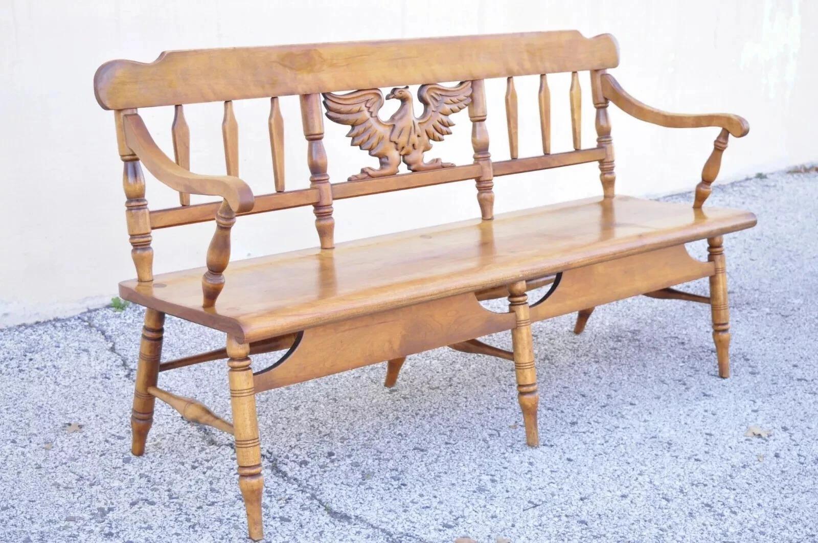 Vintage Cushman Maple Wood Carved Eagle Back Colonial Settee Deacons Bench. Item features (6) turn carved legs, solid wood construction, beautiful wood grain, original label, quality American craftsmanship. Circa Mid 20th Century. Measurements: 