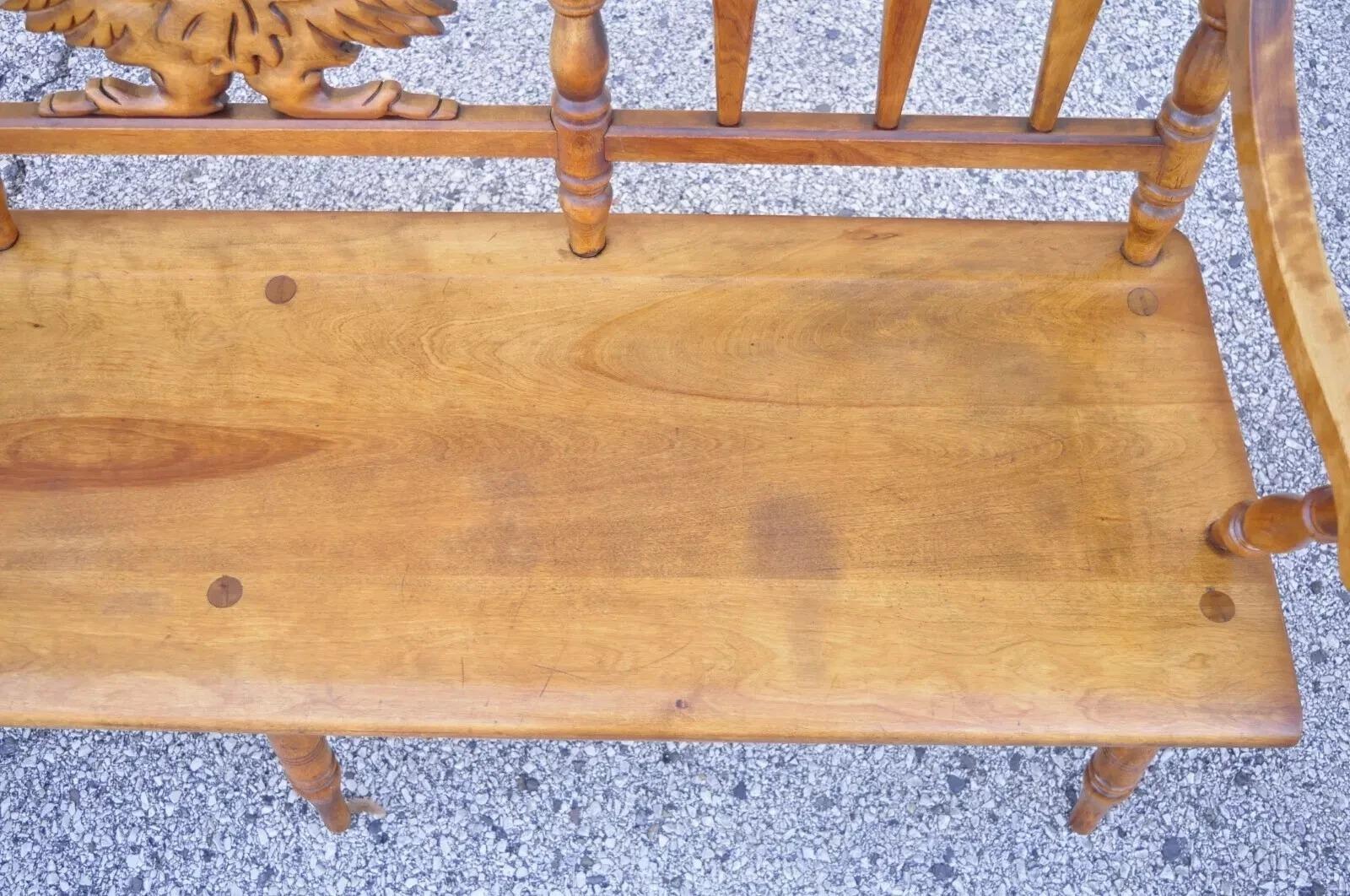 20th Century Vintage Cushman Maple Wood Carved Eagle Back Colonial Settee Deacons Bench For Sale