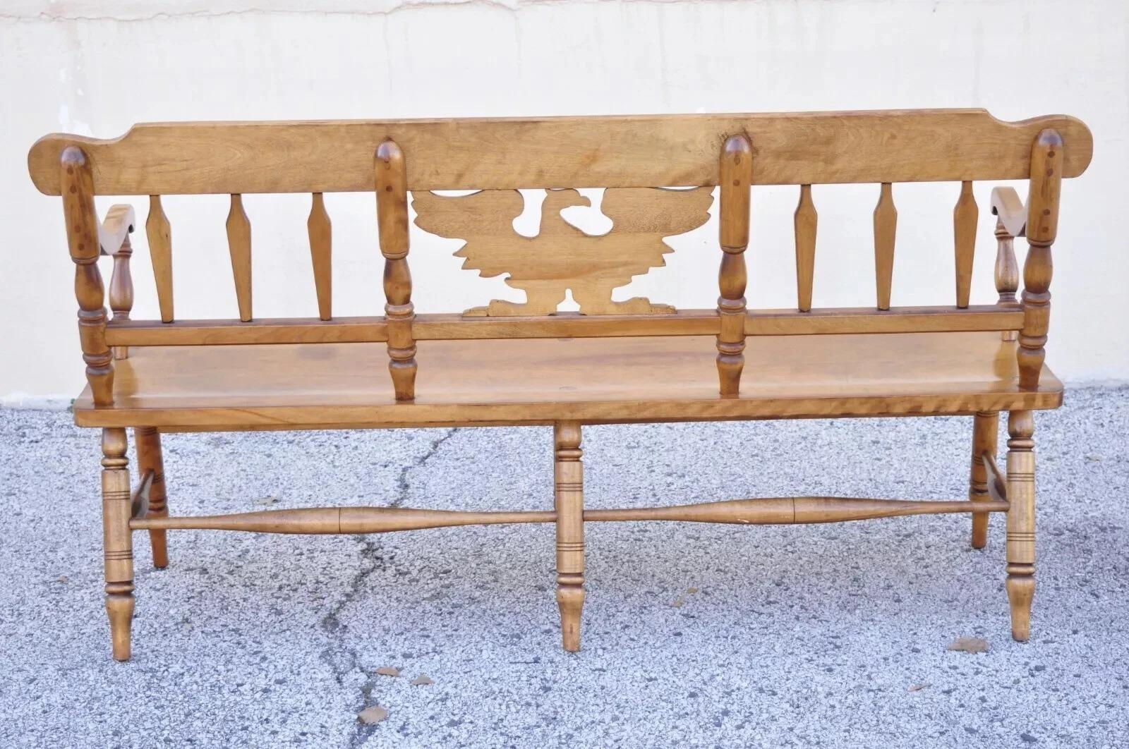 Vintage Cushman Maple Wood Carved Eagle Back Colonial Settee Deacons Bench For Sale 3