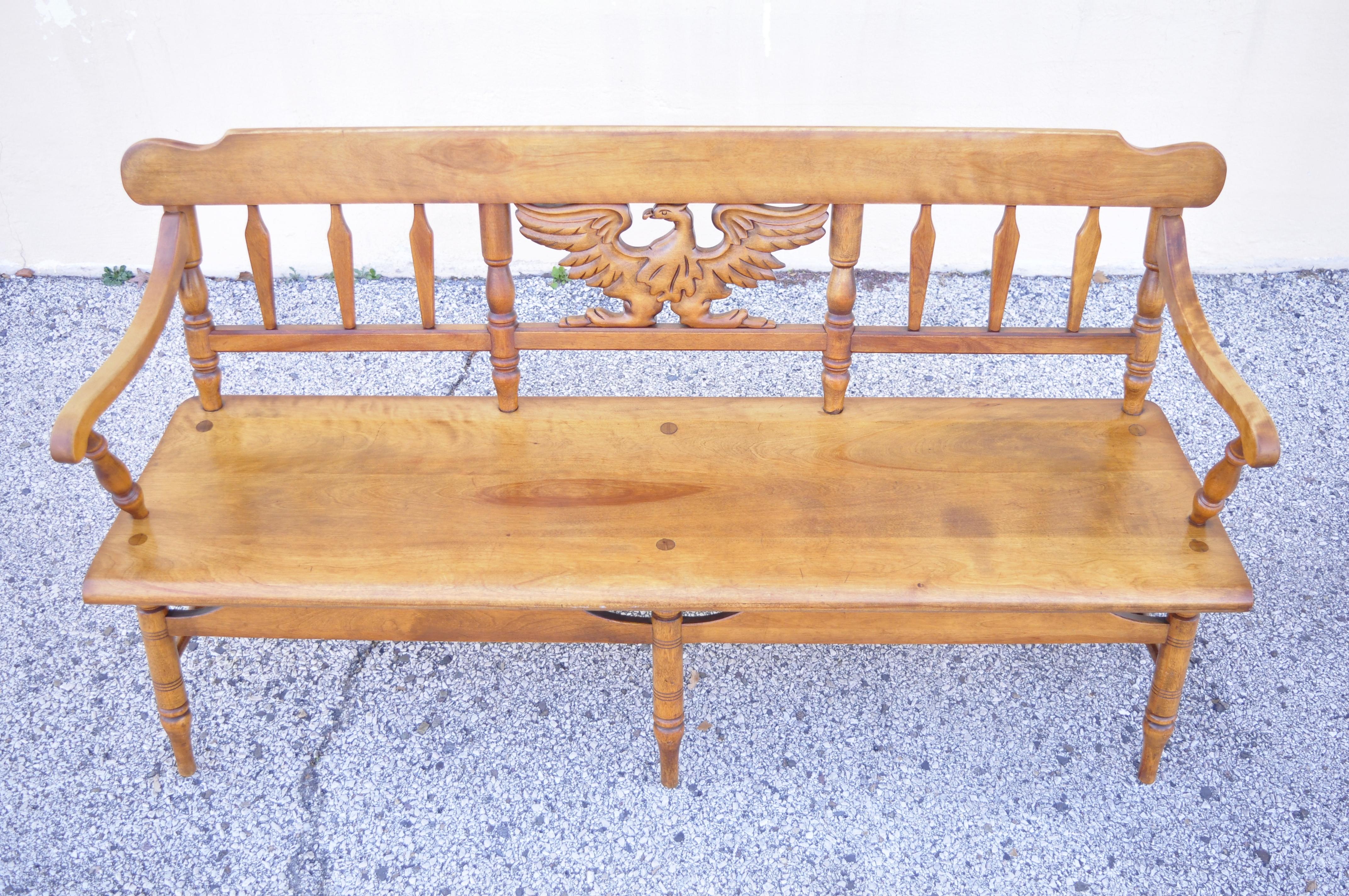 Vintage Cushman Maple Wood Settee Bench Carved Eagle Back Deacons Bench For Sale 3