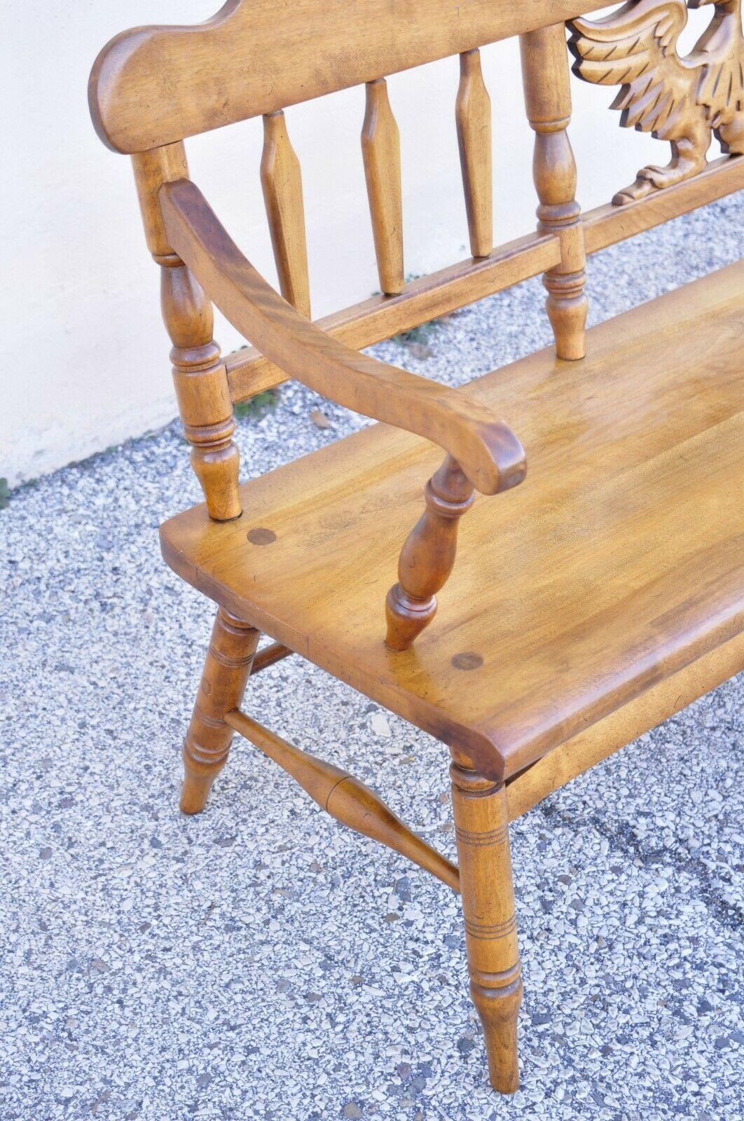 American Colonial Vintage Cushman Maple Wood Settee Bench Carved Eagle Back Deacons Bench For Sale