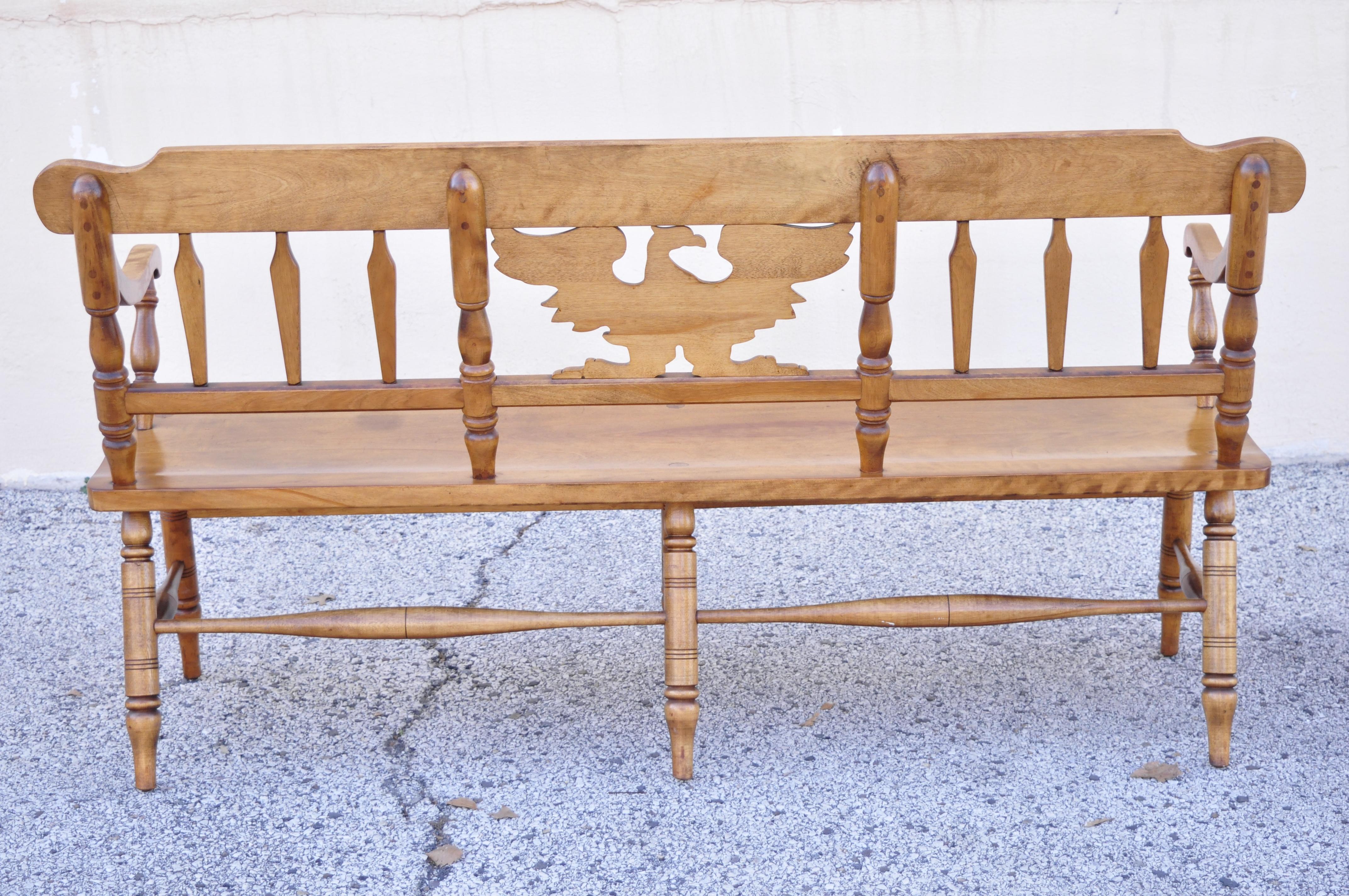 20th Century Vintage Cushman Maple Wood Settee Bench Carved Eagle Back Deacons Bench For Sale