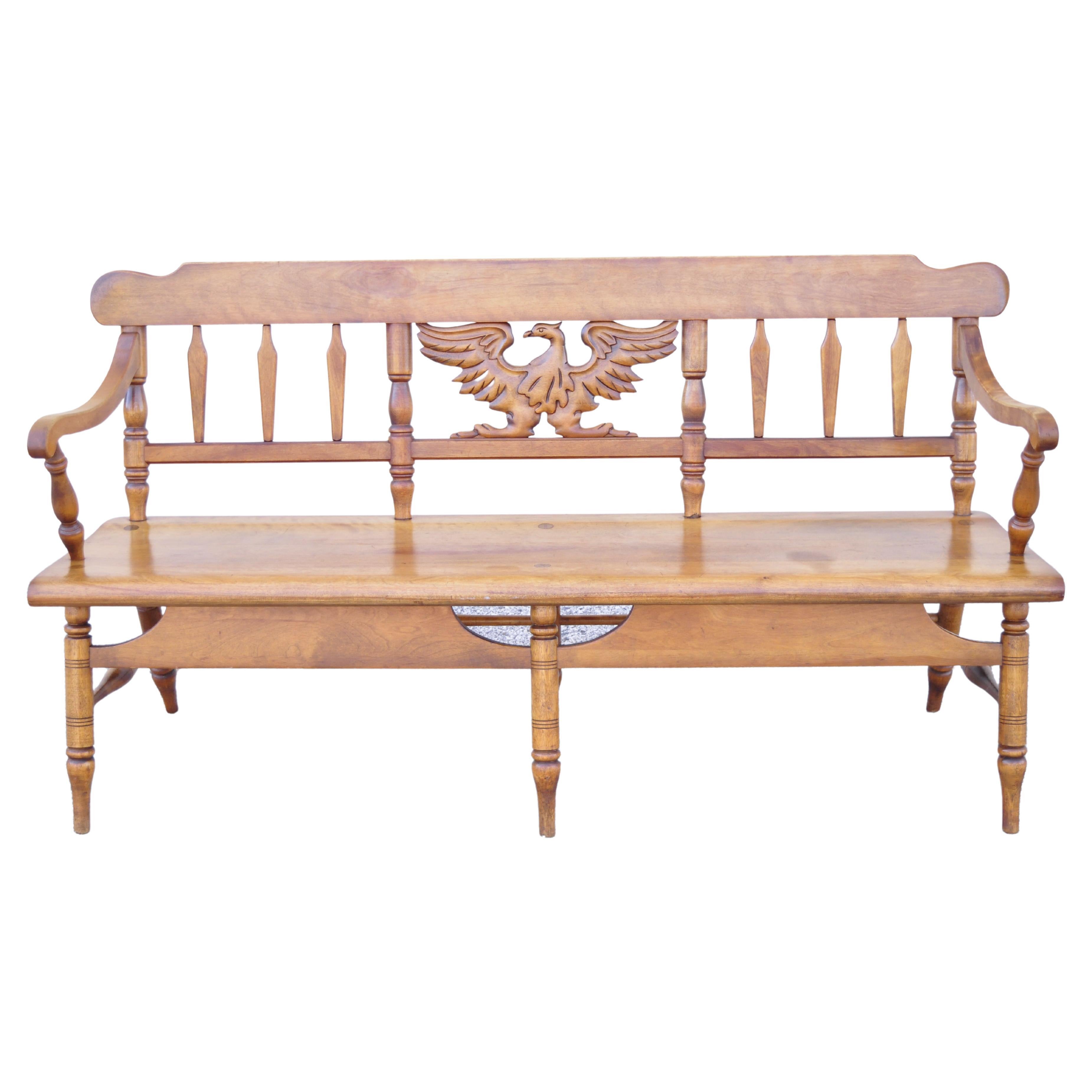 Vintage Cushman Maple Wood Settee Bench Carved Eagle Back Deacons Bench For Sale