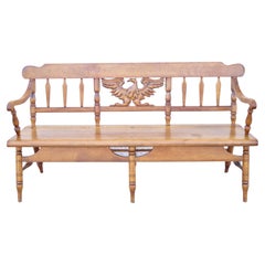 Retro Cushman Maple Wood Settee Bench Carved Eagle Back Deacons Bench