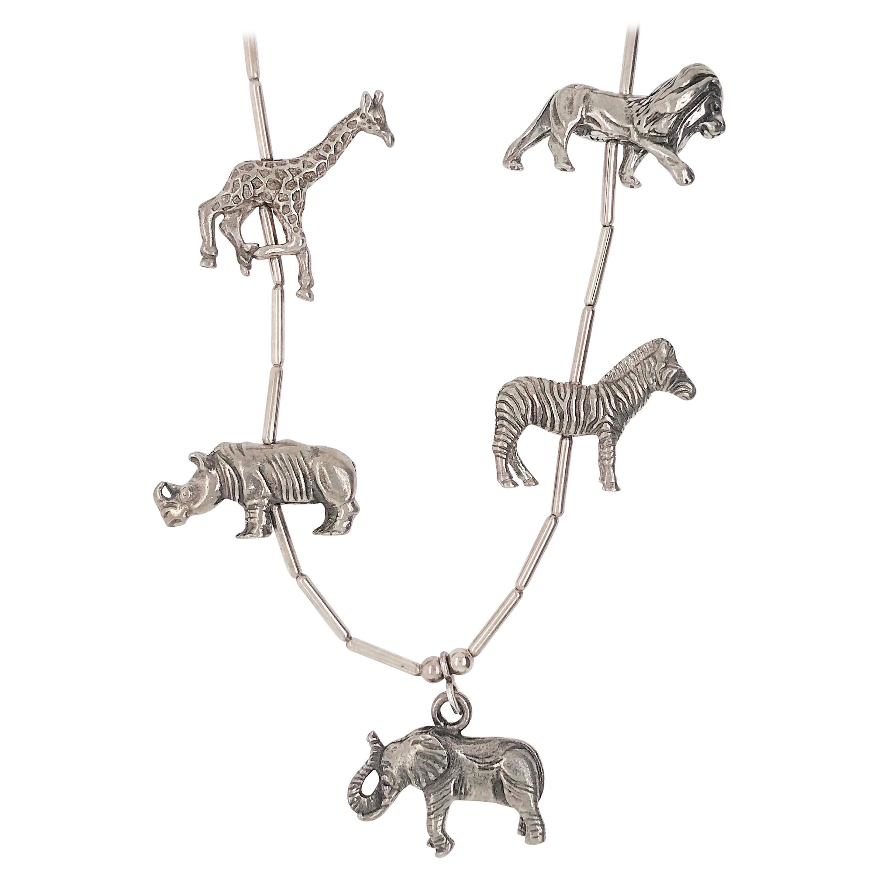 Vintage Custom 3-D African Safari Animal Necklace in Sterling Silver 925