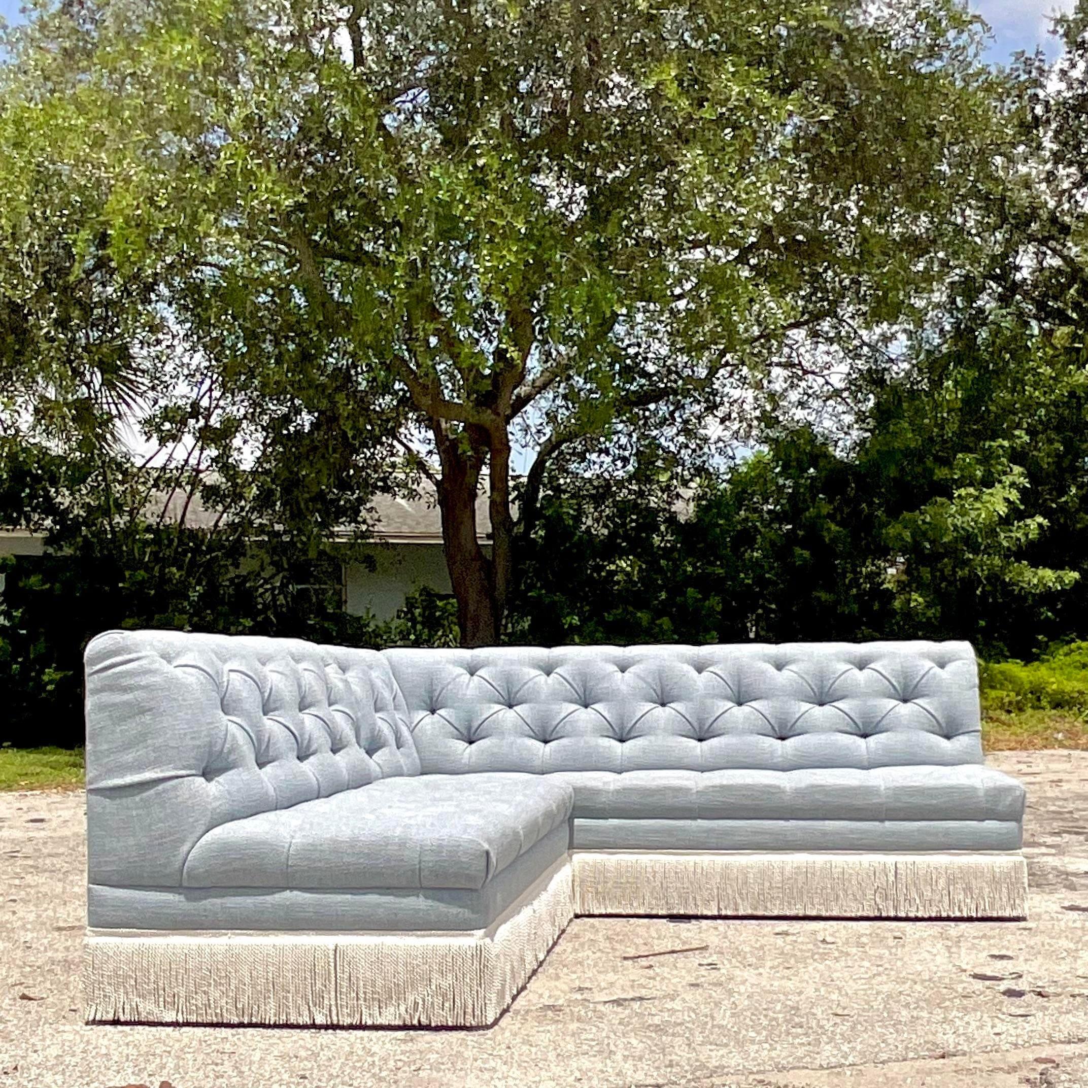 Fabric Vintage Custom Boho O'Henry Tufted Banquette Sectional Sofa For Sale