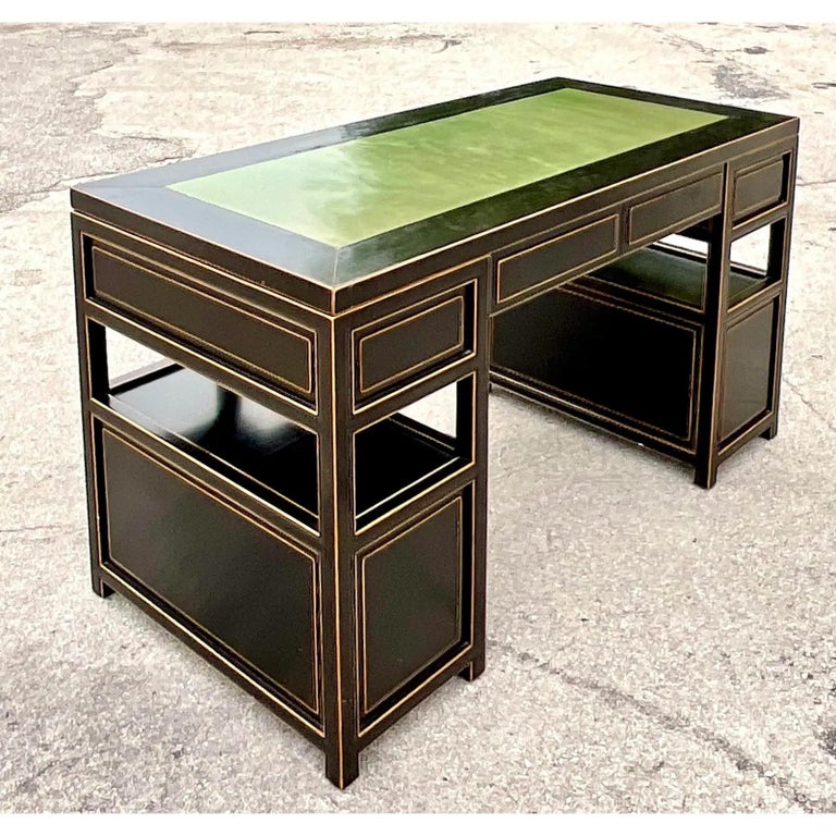 Vintage Custom Built Black Lacquered Desk With Inset Leather Top at