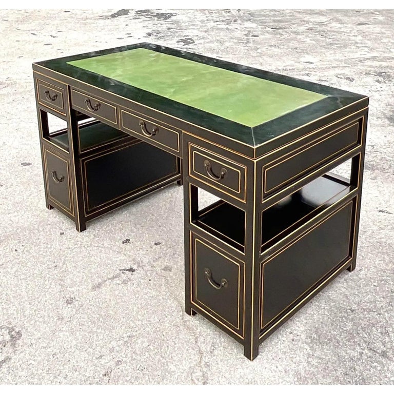Vintage Custom Built Black Lacquered Desk With Inset Leather Top at