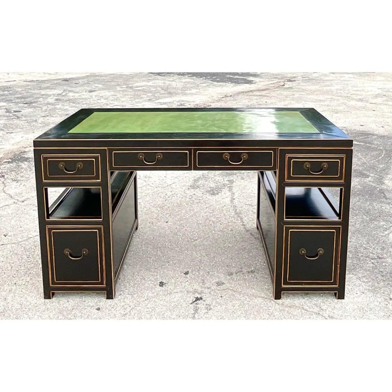 Vintage Custom Built Black Lacquered Desk With Inset Leather Top at 1stDibs