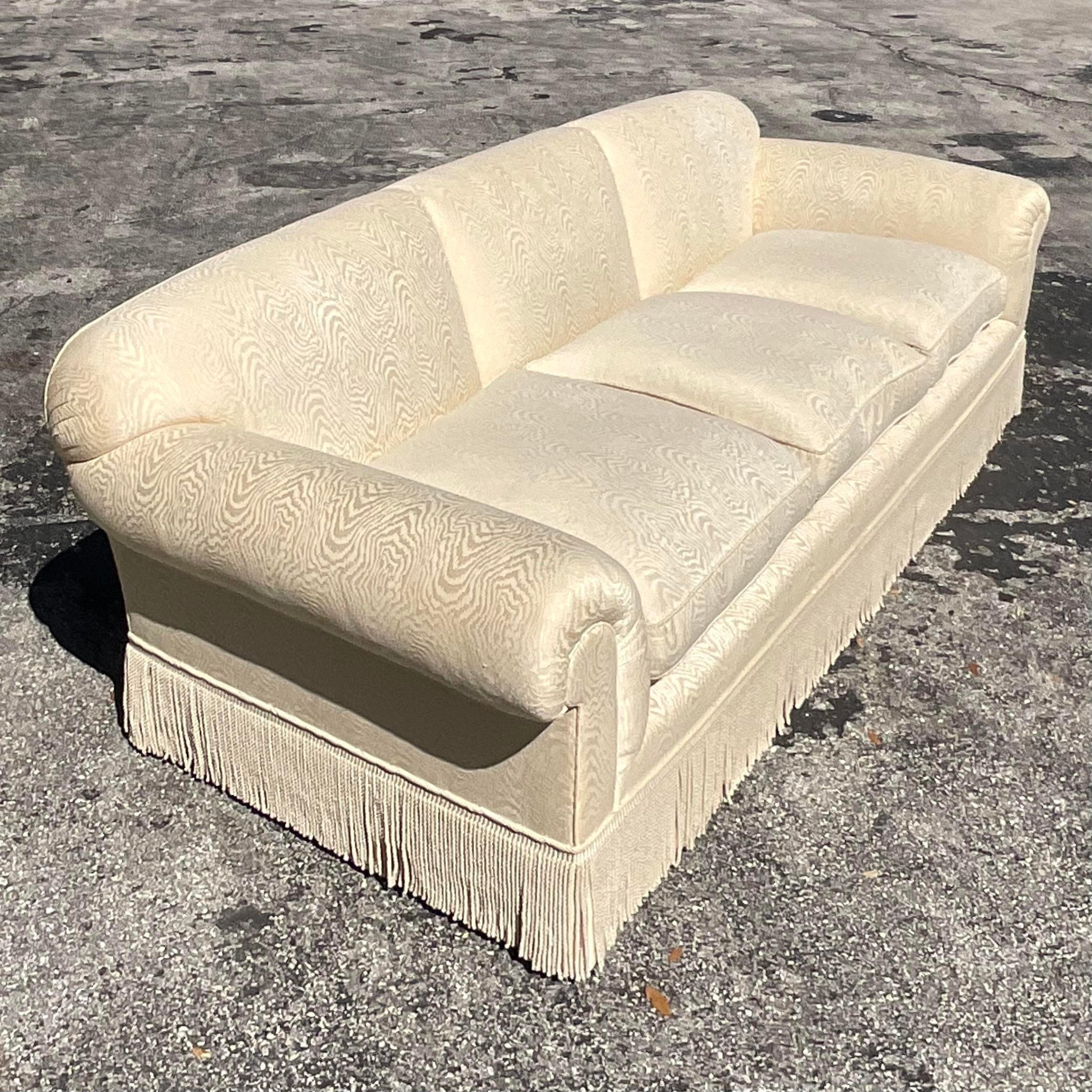 Vintage Custom Damask Down Filled Sofa With Bullion Trim After Bunny Williams In Good Condition In west palm beach, FL