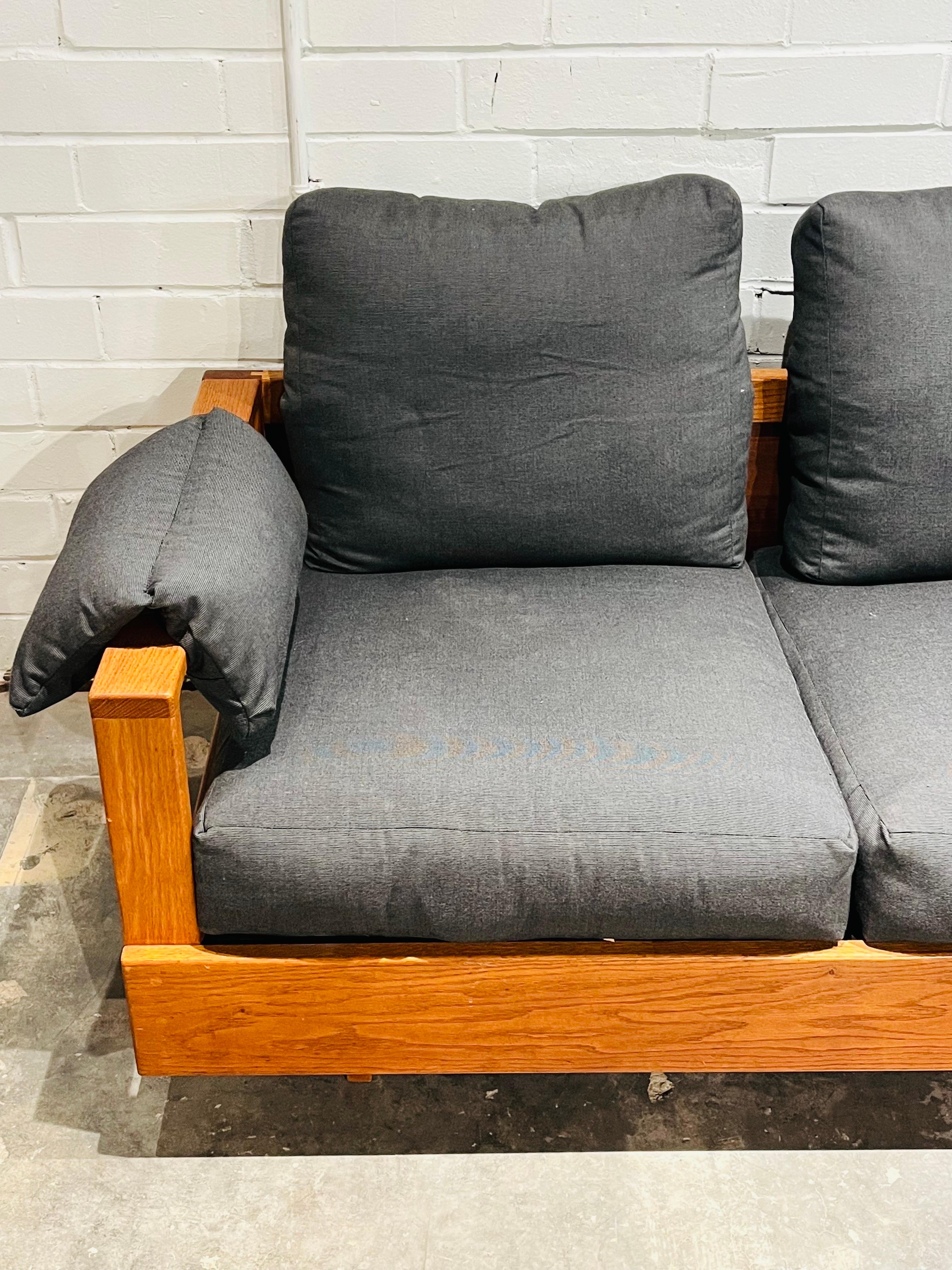 Vintage Custom Designed One of a Kind Wood Frame Three Seat Sofa Grey Upholstery In Good Condition For Sale In Atlanta, GA