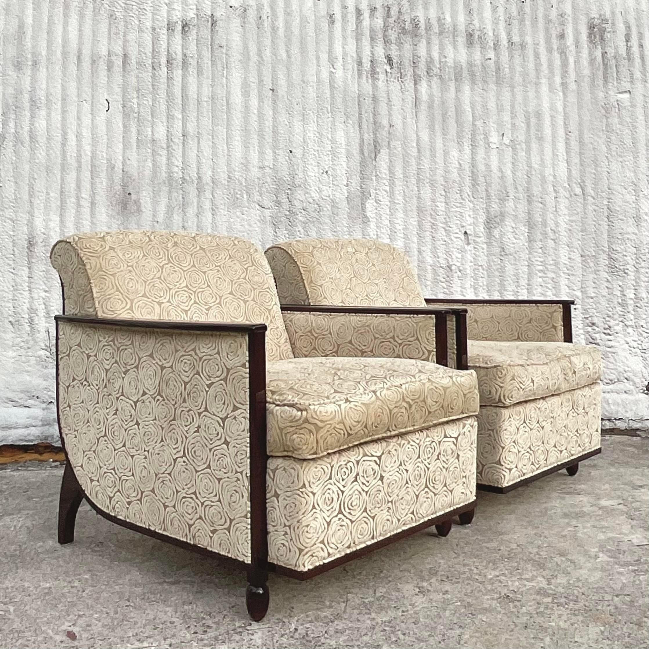 Silk Vintage Custom Geoffrey Bradfield Deco Lounge Chairs - a Pair For Sale