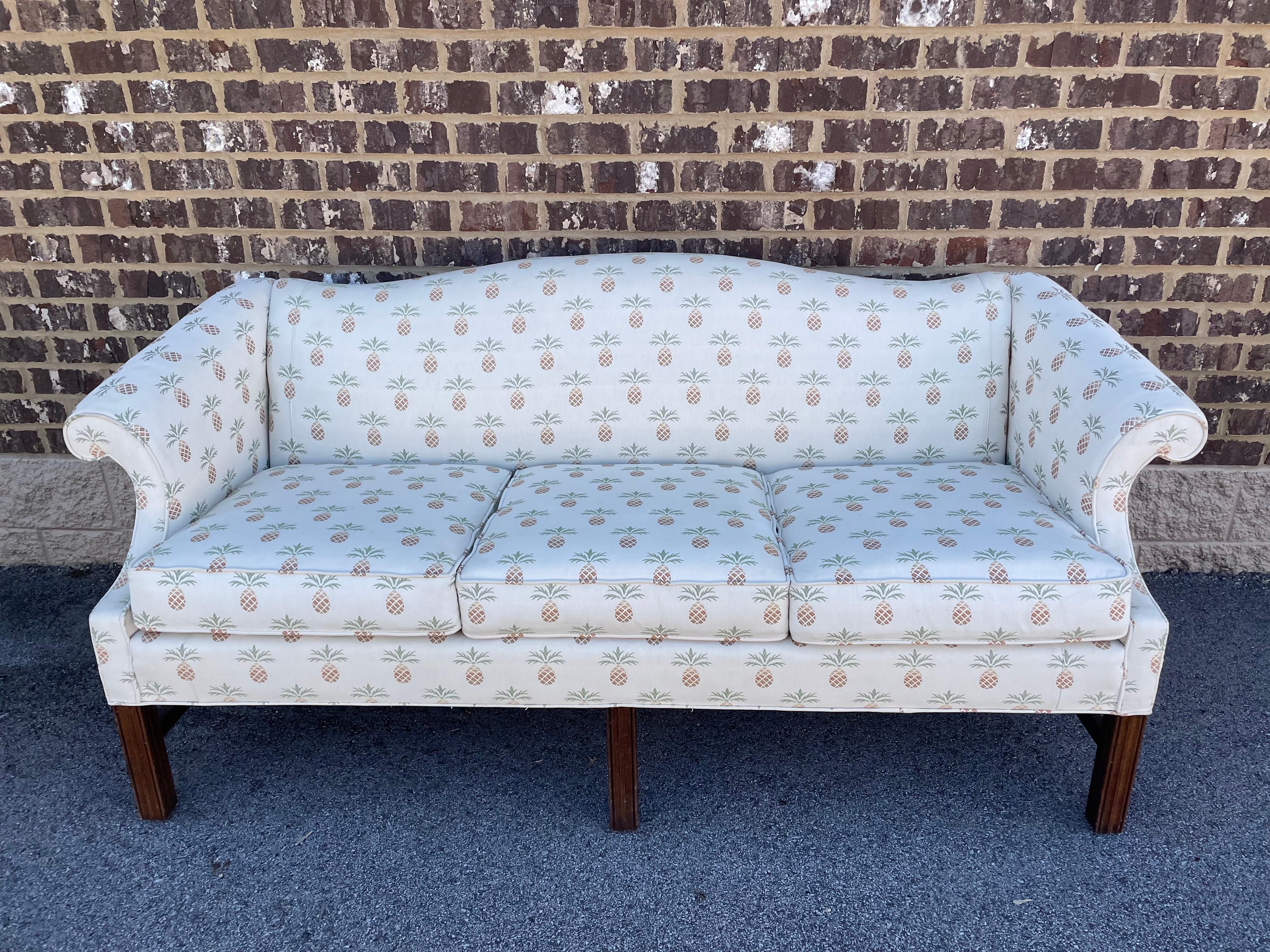 Vintage Custom Hand-Crafted Chippendale Camelback Sofa After George Hepplewhite For Sale 4