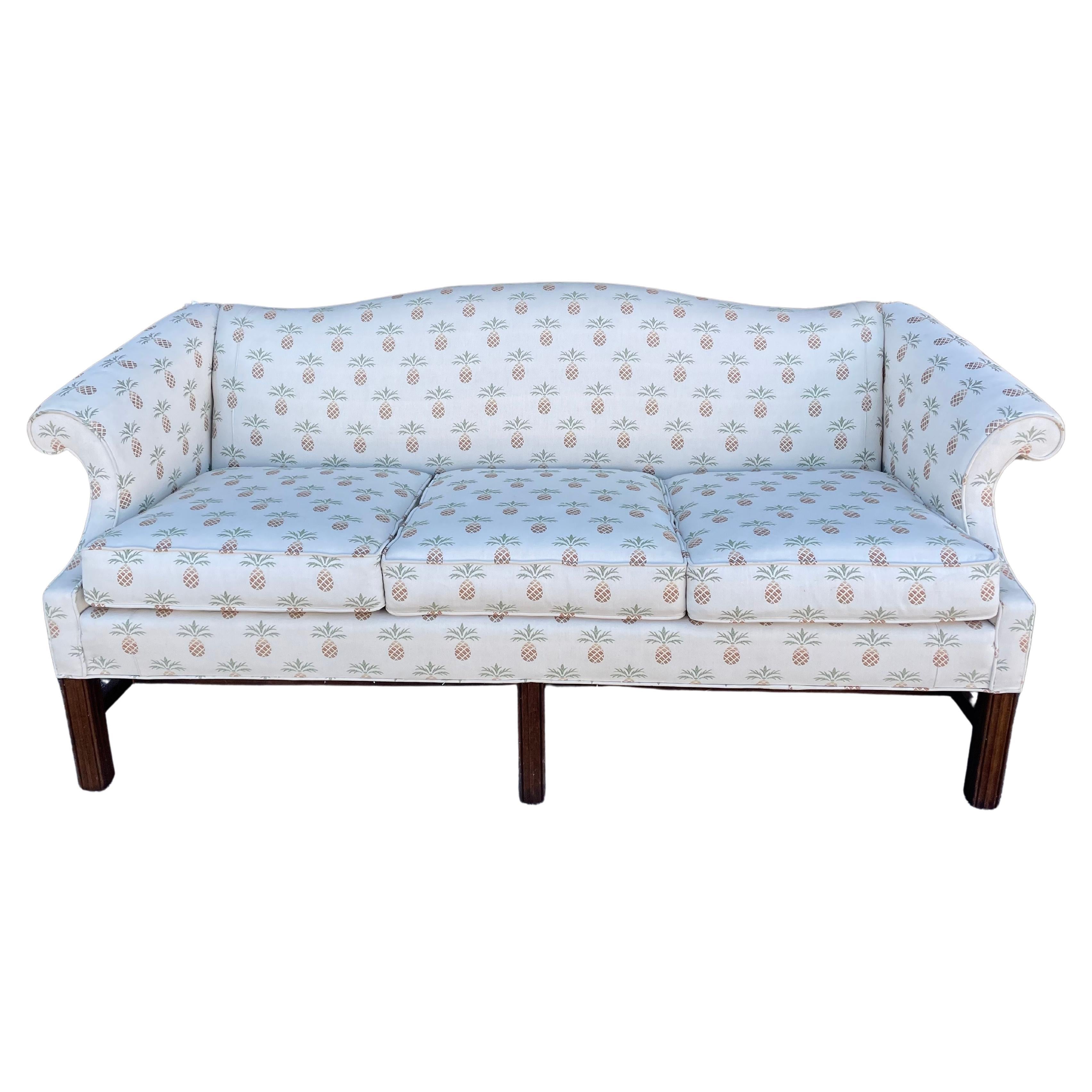 Vintage Custom Hand-Crafted Chippendale Camelback Sofa After George Hepplewhite For Sale