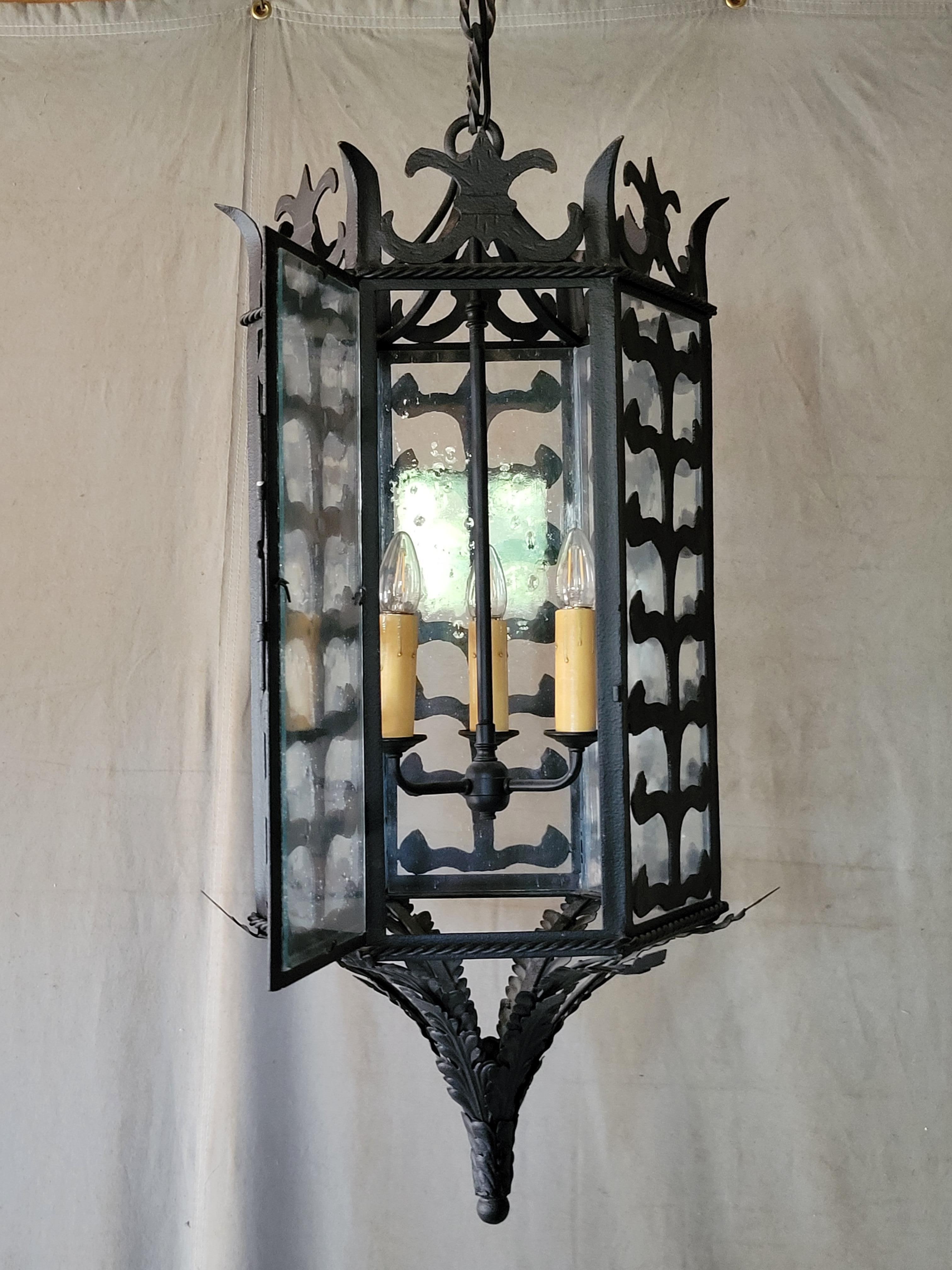 Renaissance Vintage Custom Hexagonal Iron & Glass Pendant Lantern - 10 Available For Sale