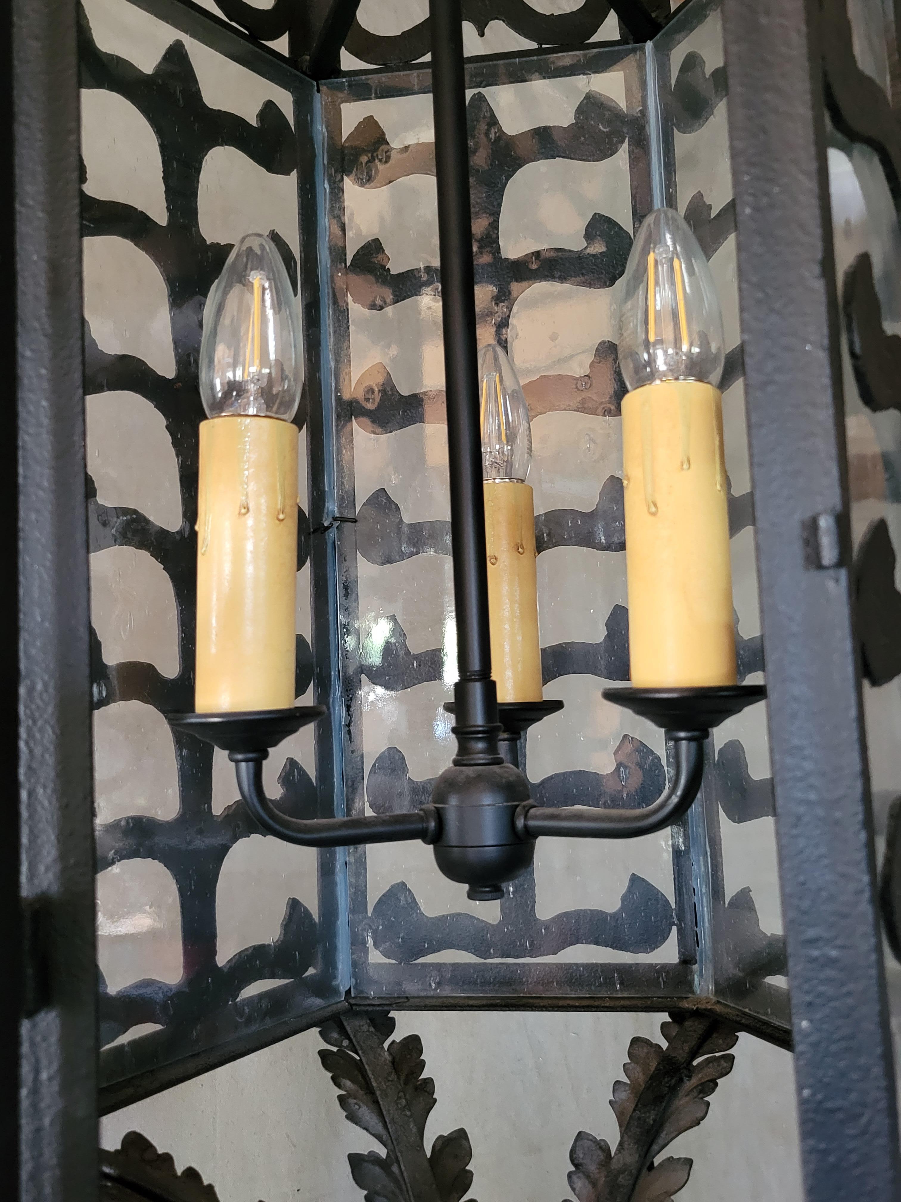 Vintage Custom Hexagonal Iron & Glass Pendant Lantern - 10 Available In Good Condition For Sale In Centennial, CO