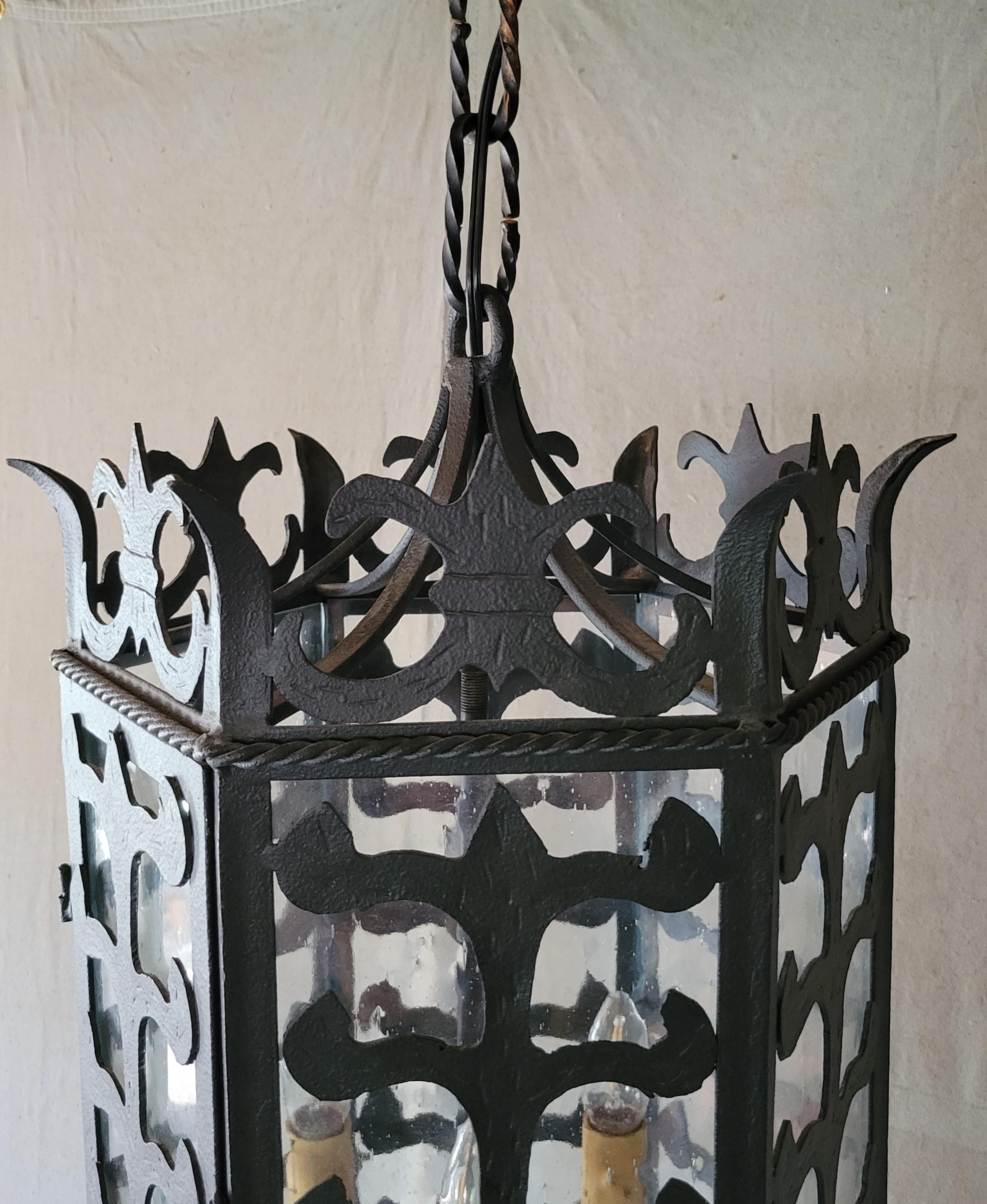 Vintage Custom Hexagonal Iron & Glass Pendant Lantern - 10 Available For Sale 3