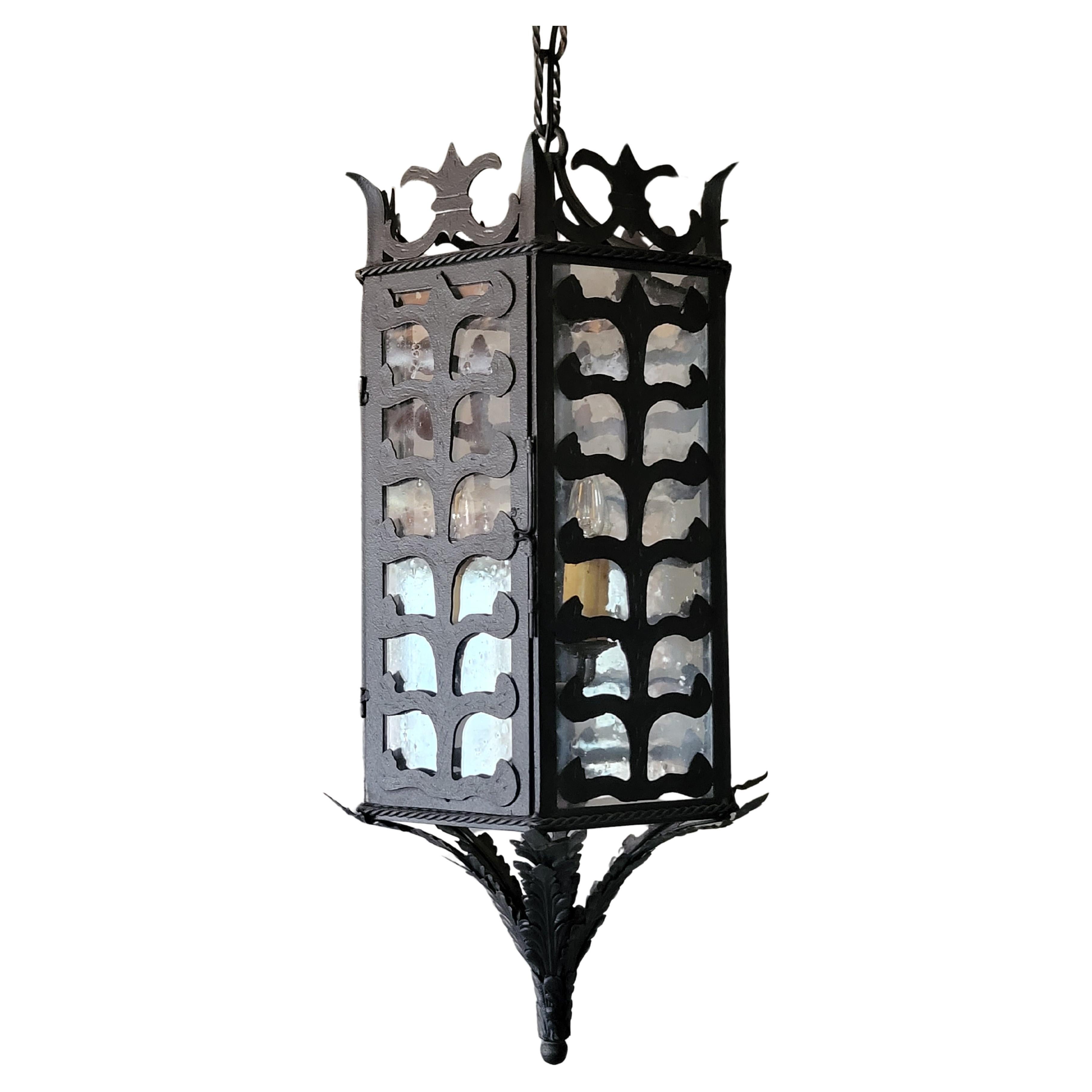 Vintage Custom Hexagonal Iron & Glass Pendant Lantern - 10 Available For Sale