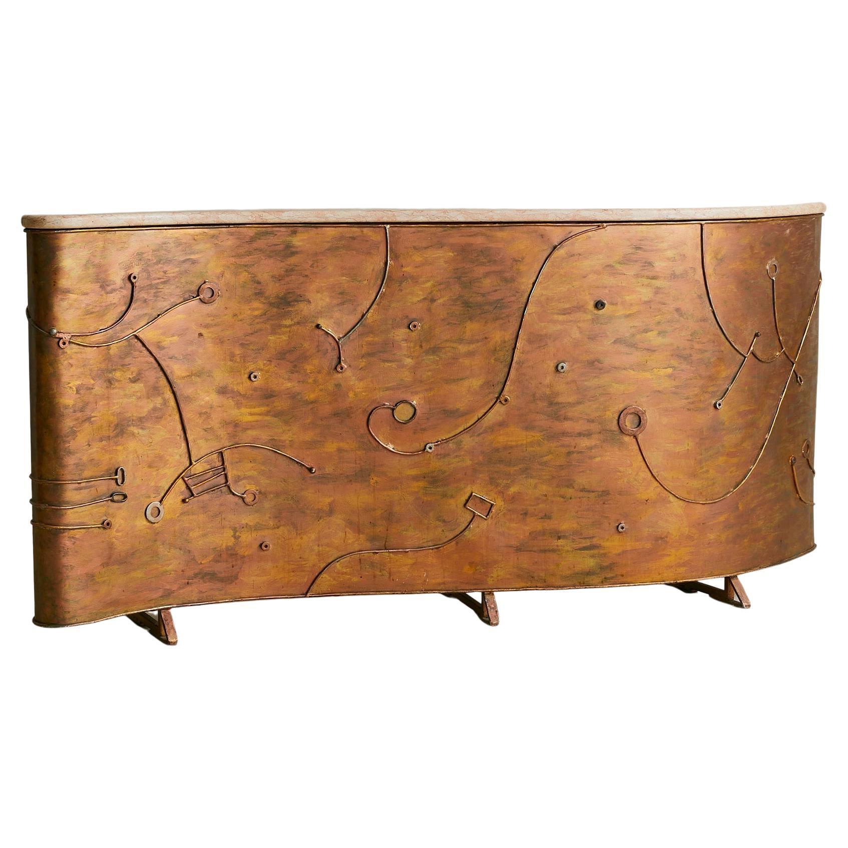 Vintage Custom Italian Metal Bar Cabinet with Blush Marble Top