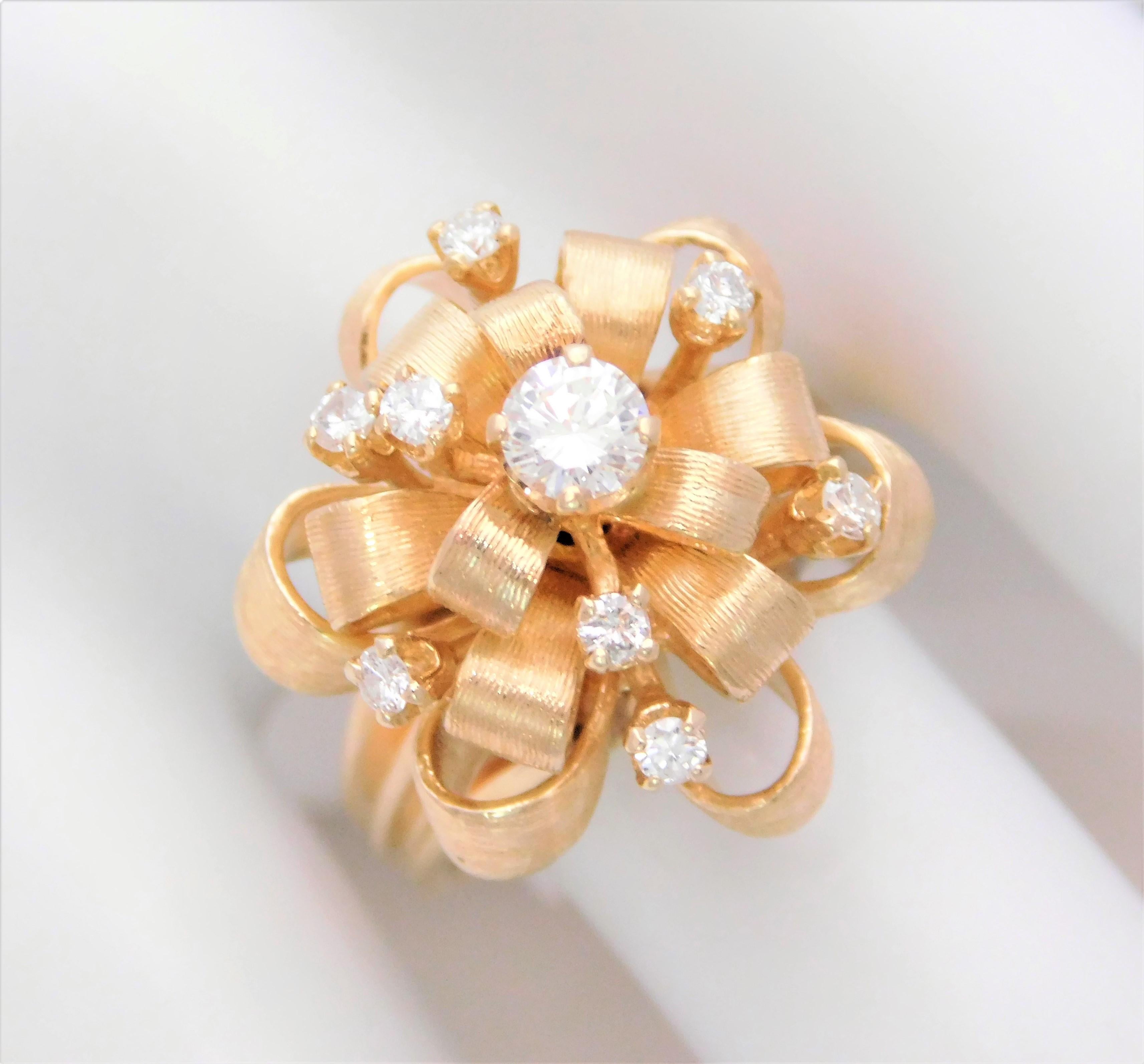 Vintage Custom Made 14 Karat Diamond “Ribbon” Dome Ring 4