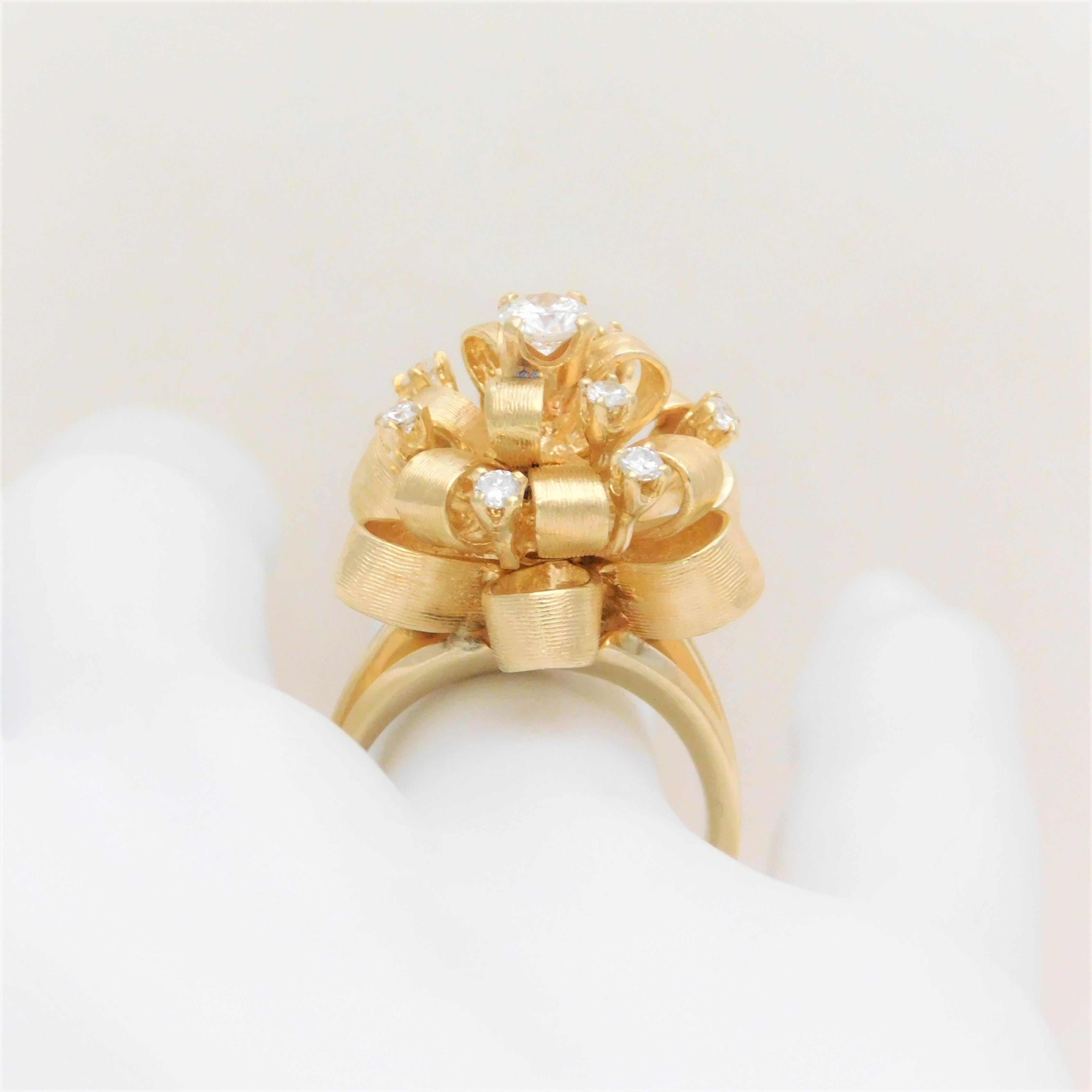 Vintage Custom Made 14 Karat Diamond “Ribbon” Dome Ring 5