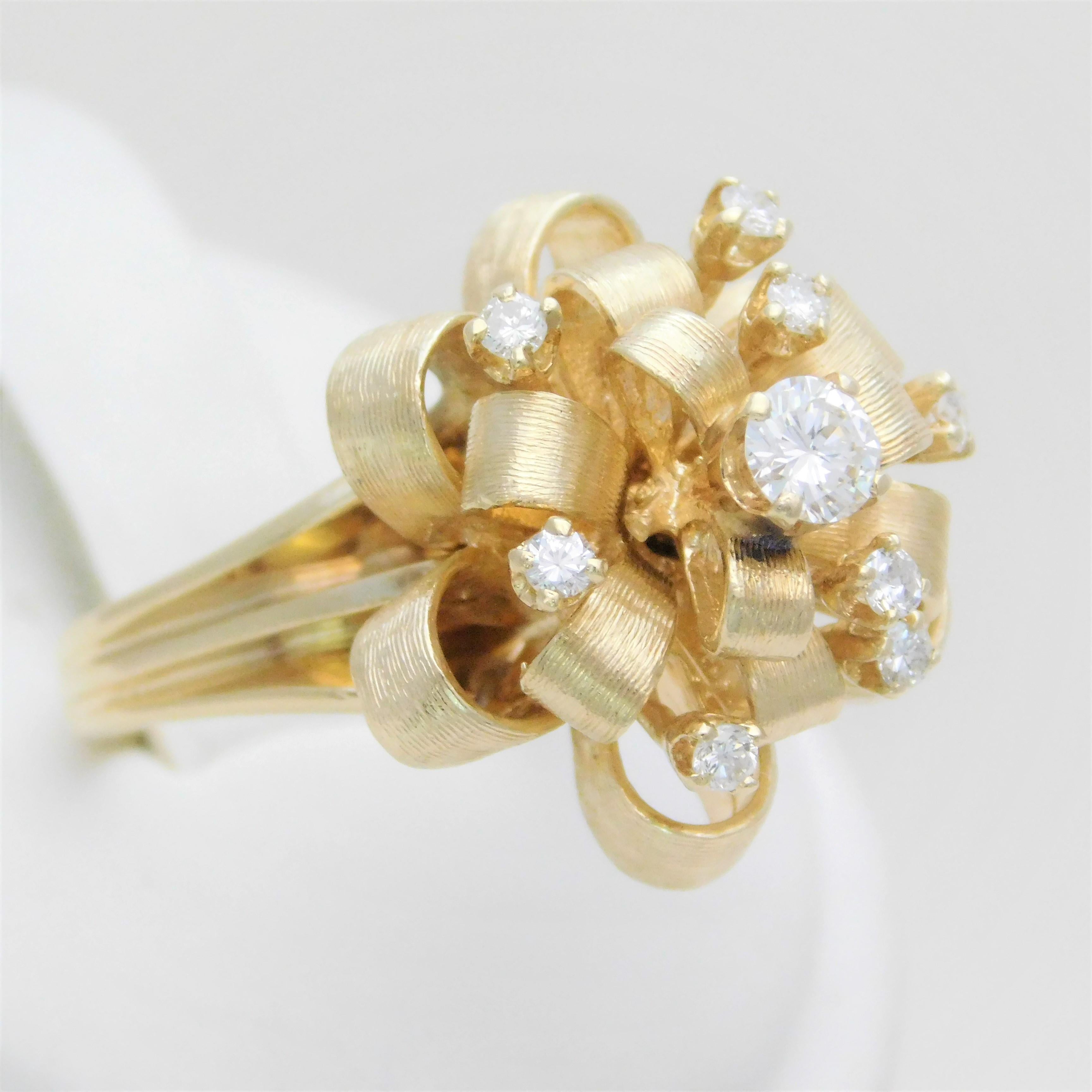 Modernist Vintage Custom Made 14 Karat Diamond “Ribbon” Dome Ring