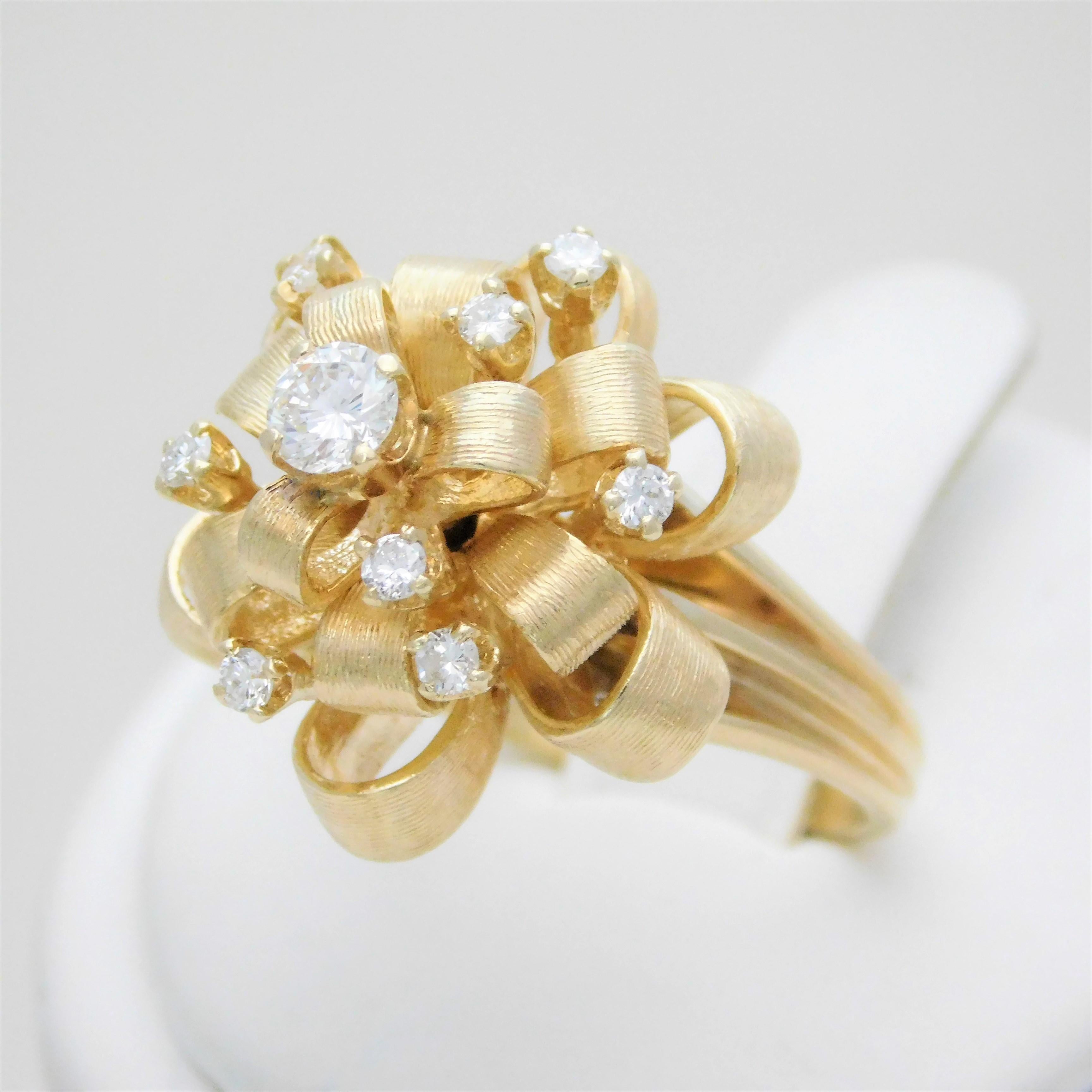 Round Cut Vintage Custom Made 14 Karat Diamond “Ribbon” Dome Ring