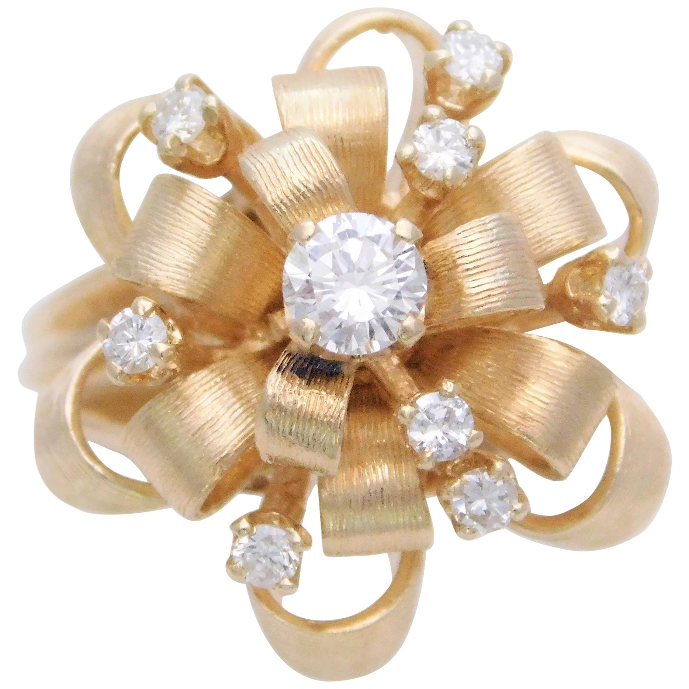 Vintage Custom Made 14 Karat Diamond “Ribbon” Dome Ring