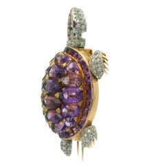 Vintage Custom Made 18k Gold & Platinum Amethyst Diamond Large Turtle Pin Brooch