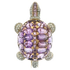 Vintage Custom Made 18k Gold & Platinum Amethyst Diamond Large Turtle Pin Brooch