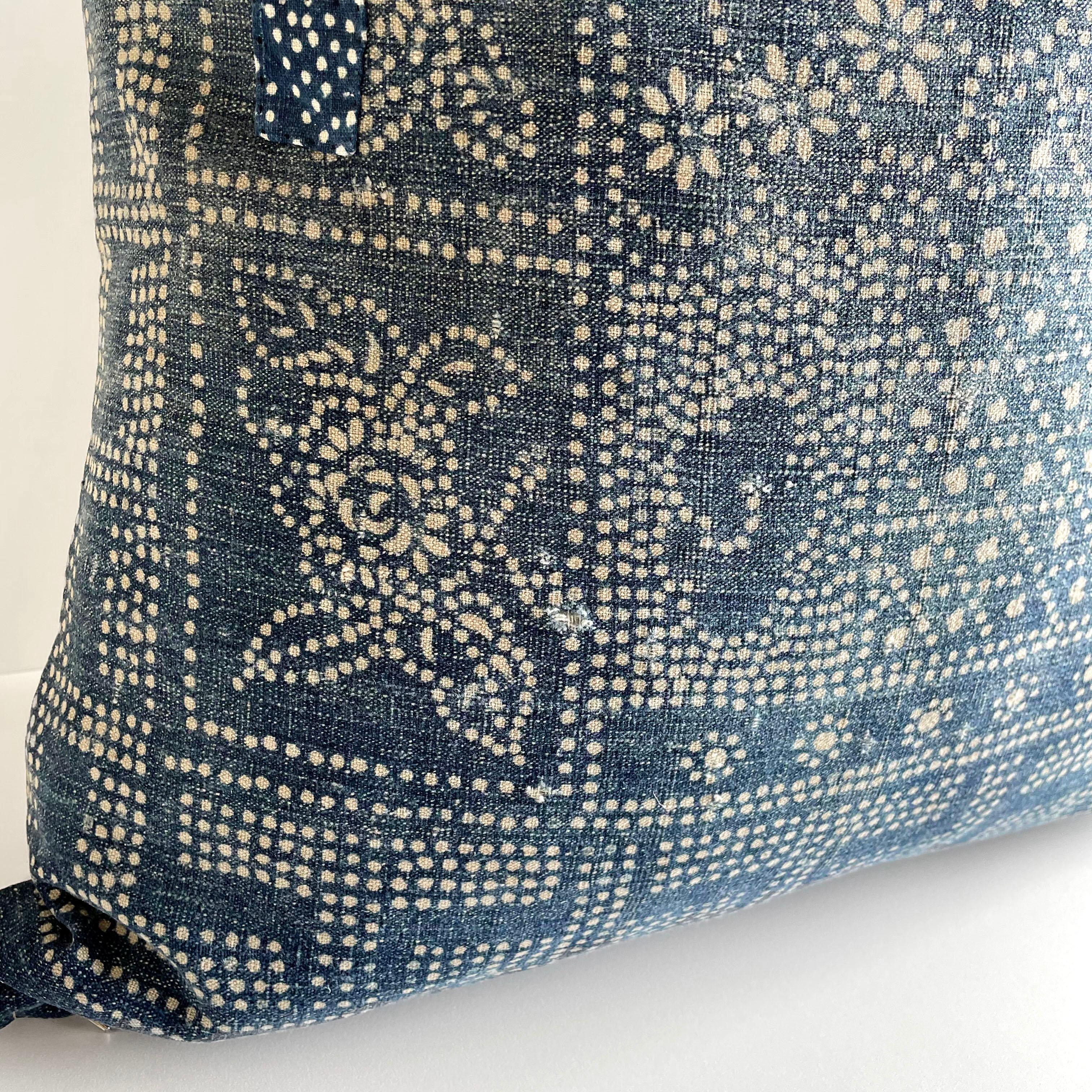 Vintage custom made batik blue accent pillow with down feather insert this vintage textile pillow face features a vintage batik front, natural linen backing, and original hand embroidery. The backing is 100% Belgian linen in natural linen. Our