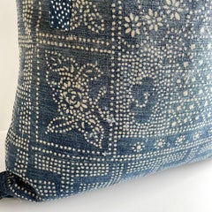 Vintage Custom Made Batik Blue Accent Pillow with Down Feather Insert