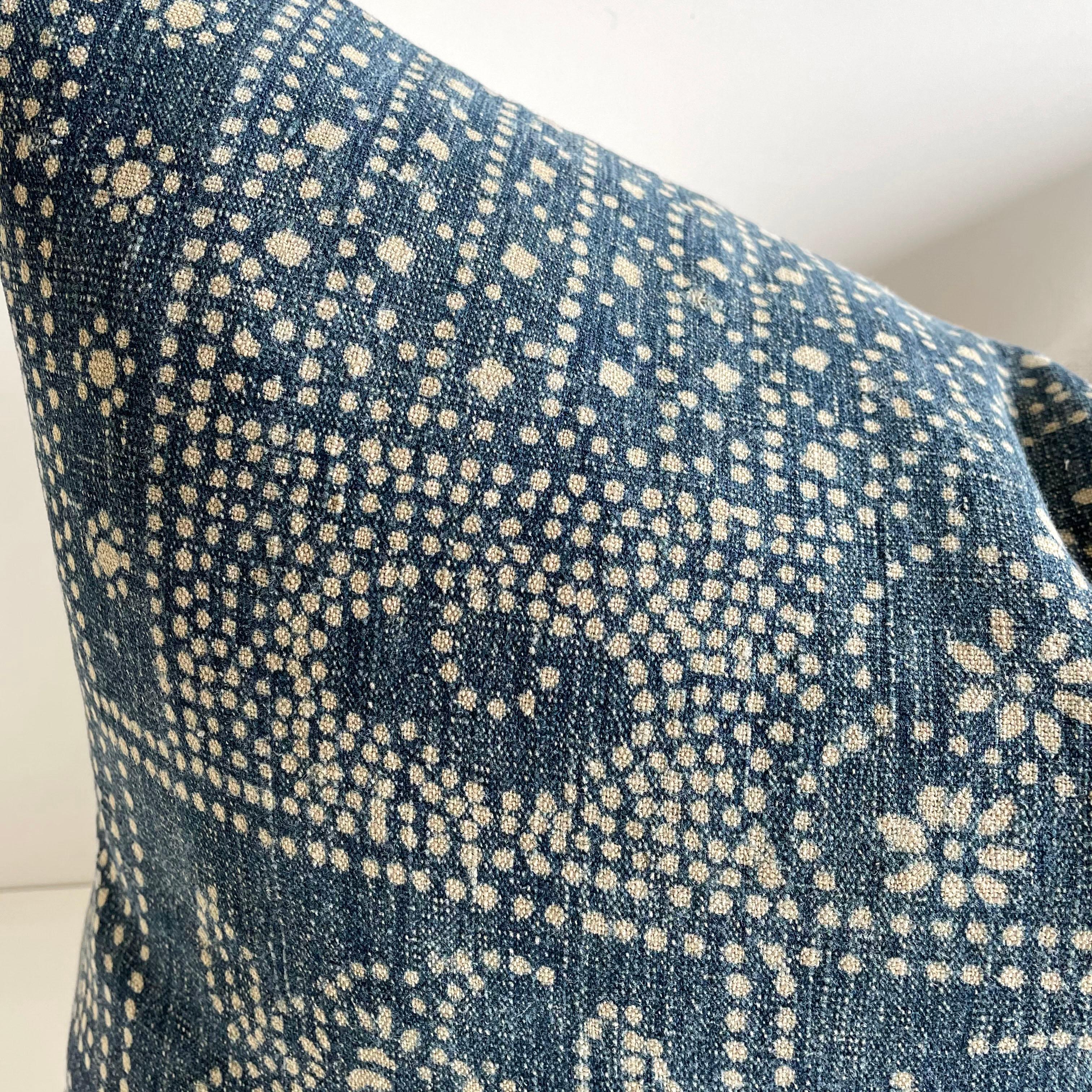 Vintage custom made Batik blue accent pillow with down feather insert this vintage textile pillow face features a vintage batik front, natural linen backing, and original hand embroidery. The backing is 100% Belgian linen in natural linen. Our