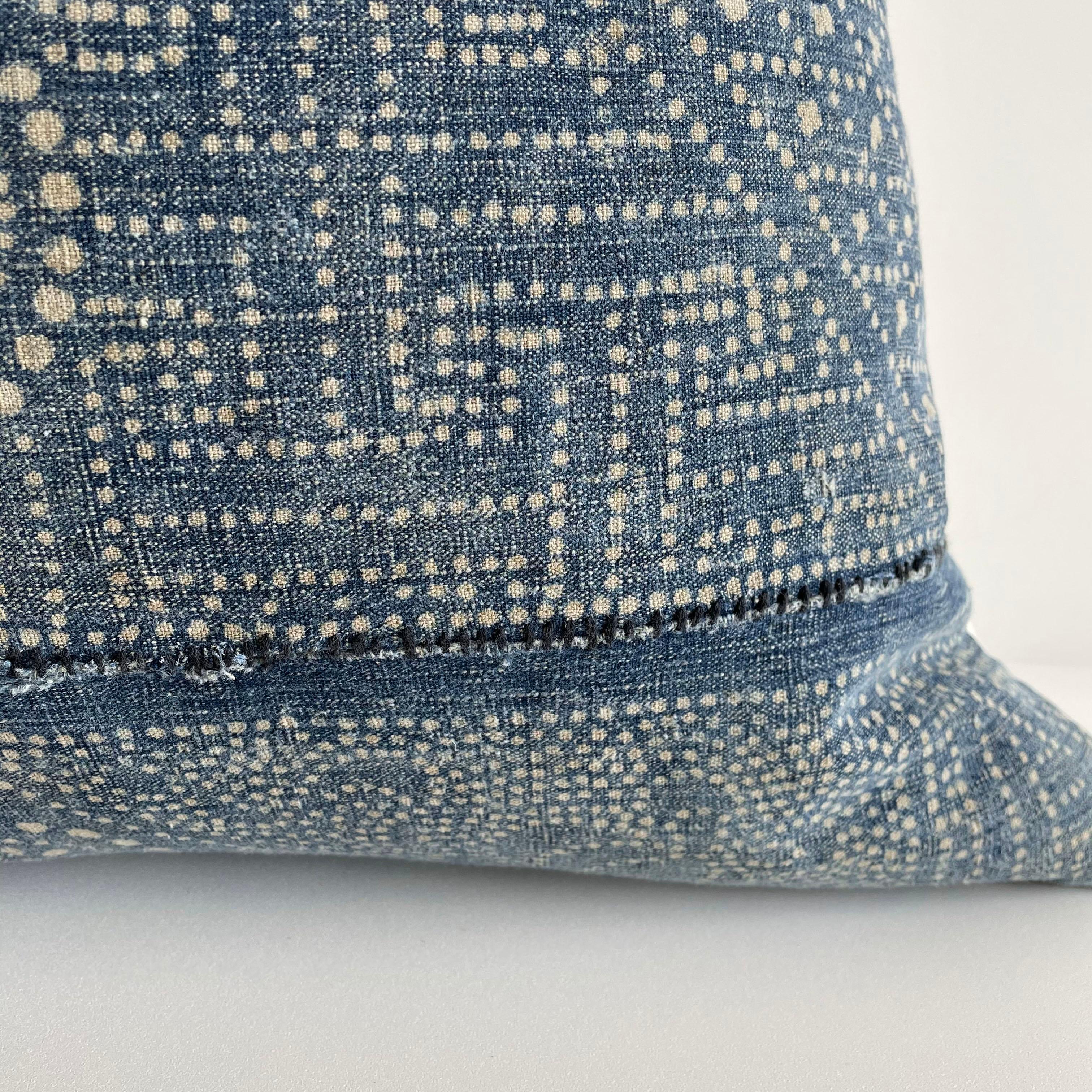 Vintage custom made Batik blue accent pillow with down feather insert this vintage textile pillow face features a vintage batik front, natural linen backing, and original hand embroidery. The backing is 100% Belgian linen in natural linen. Our
