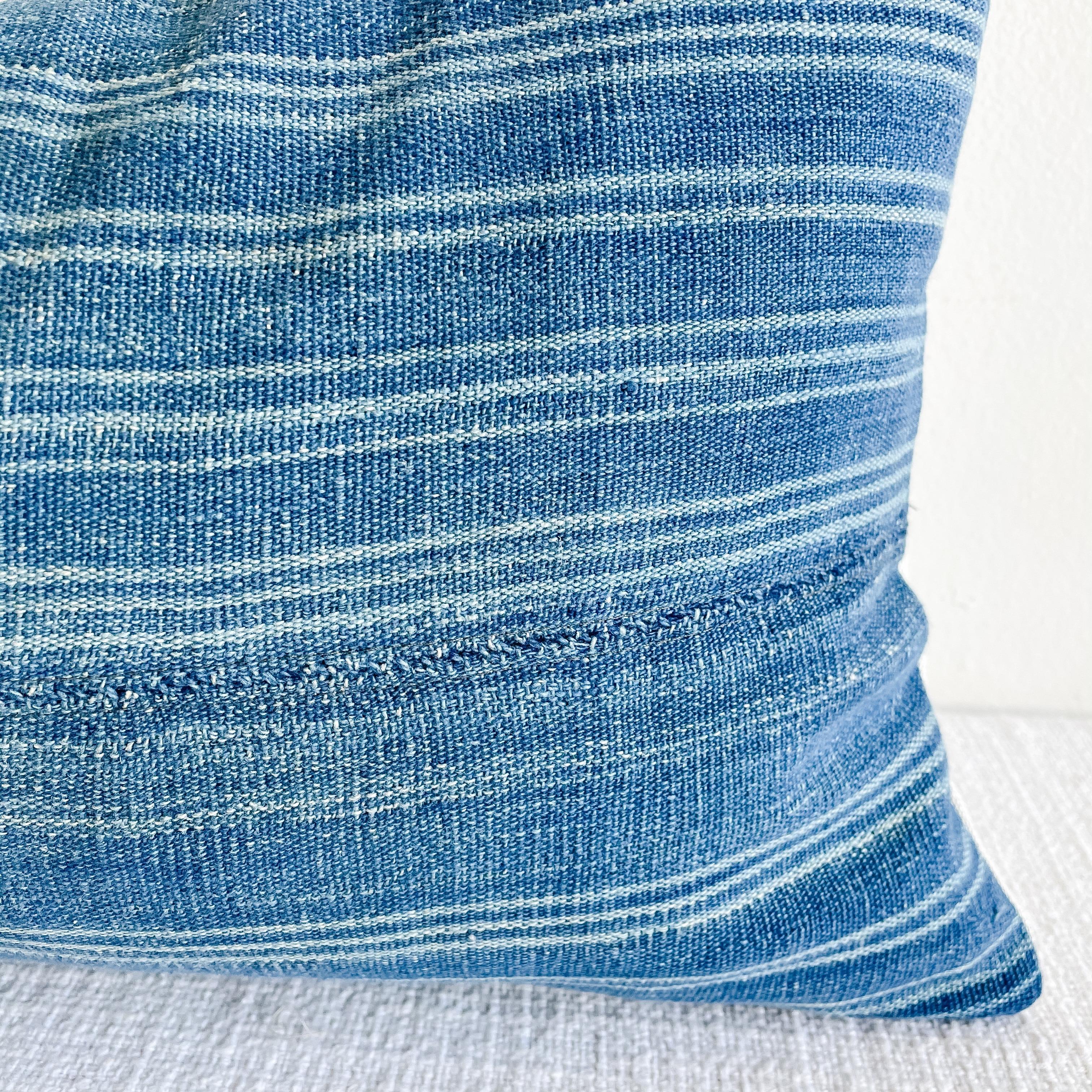 20th Century Vintage Custom Made Batik Blue Accent Pillow with Down Feather Insert For Sale