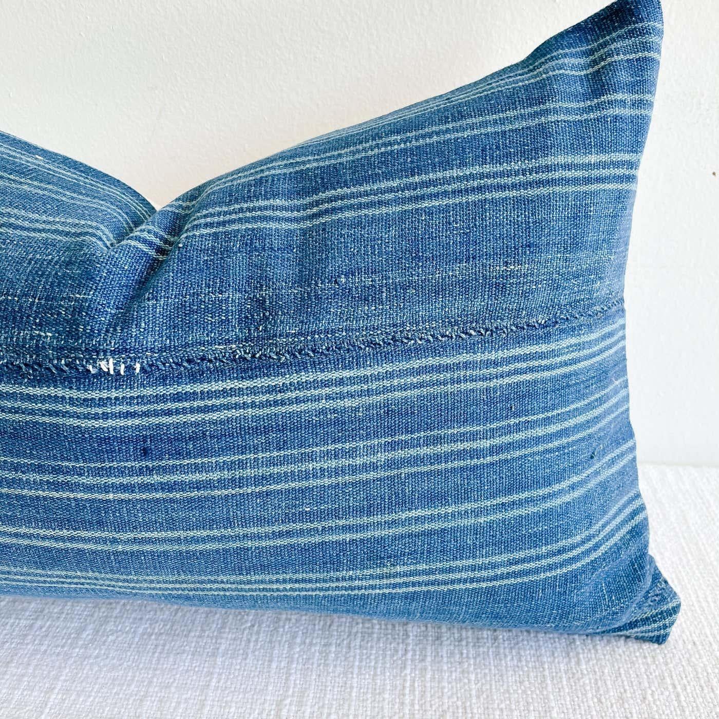 20th Century Vintage Custom Made Batik Blue Accent Pillow with Down Feather Insert