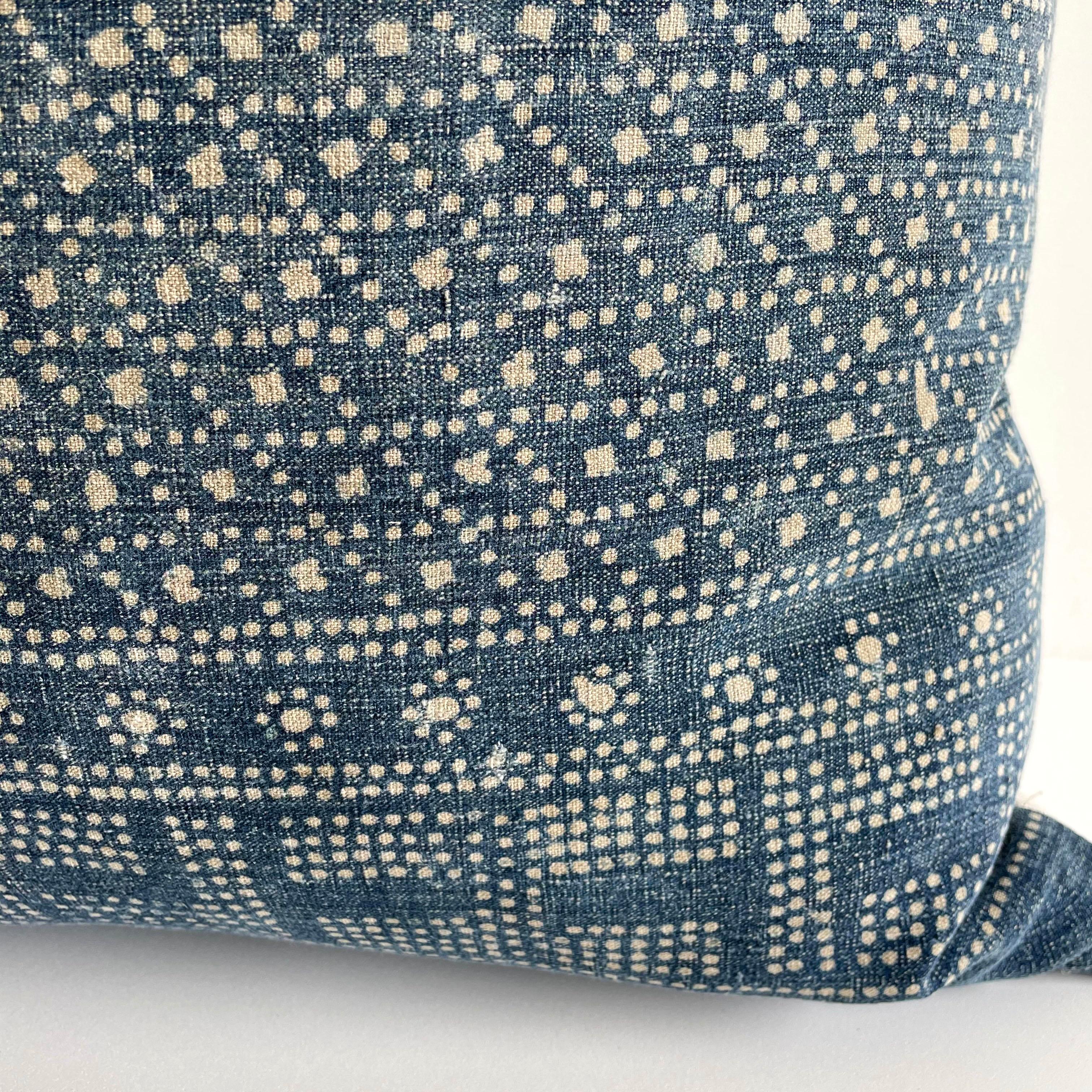Linen Vintage Custom Made Batik Blue Accent Pillow with Down Feather Insert