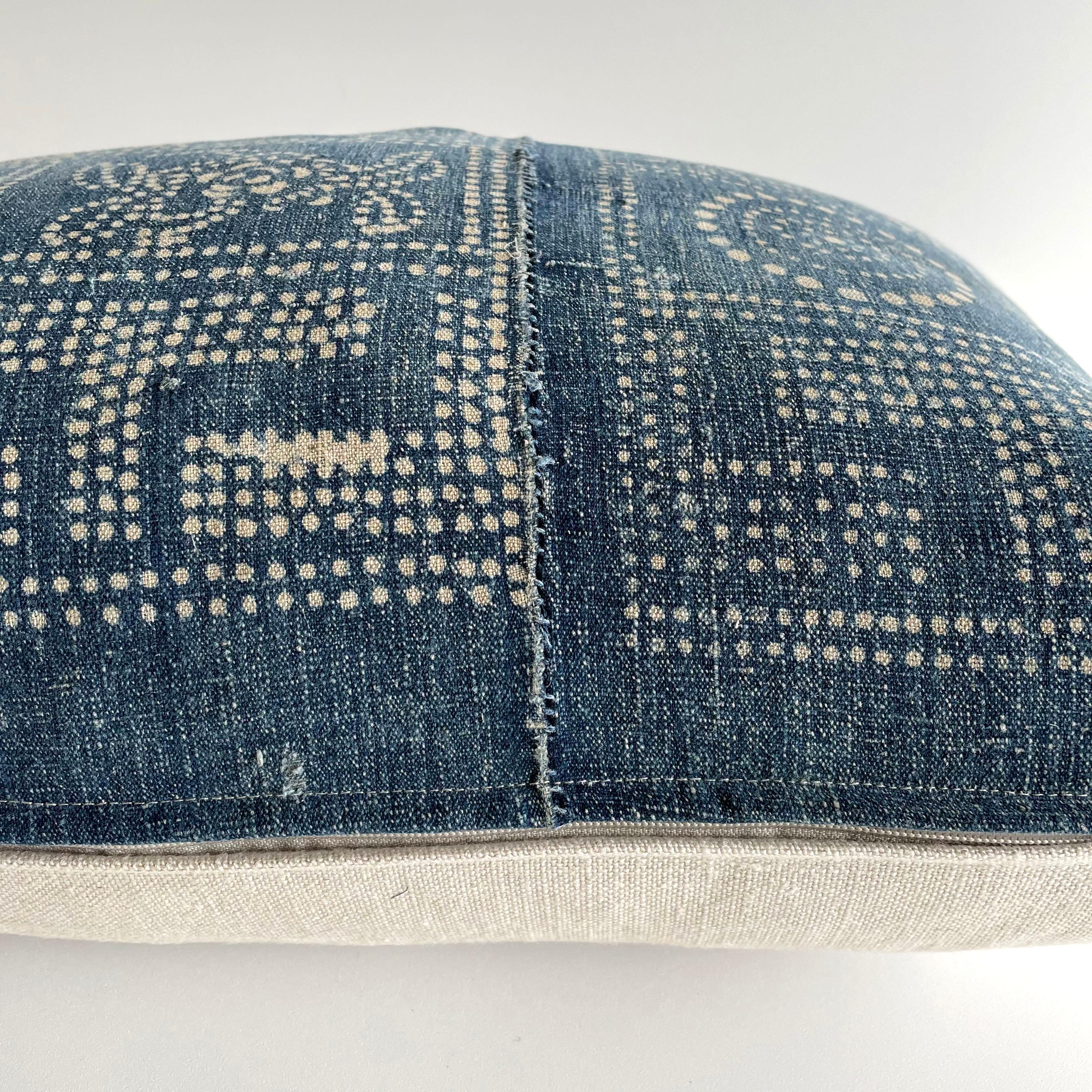 Linen Vintage Custom Made Batik Blue Accent Pillow with Down Feather Insert