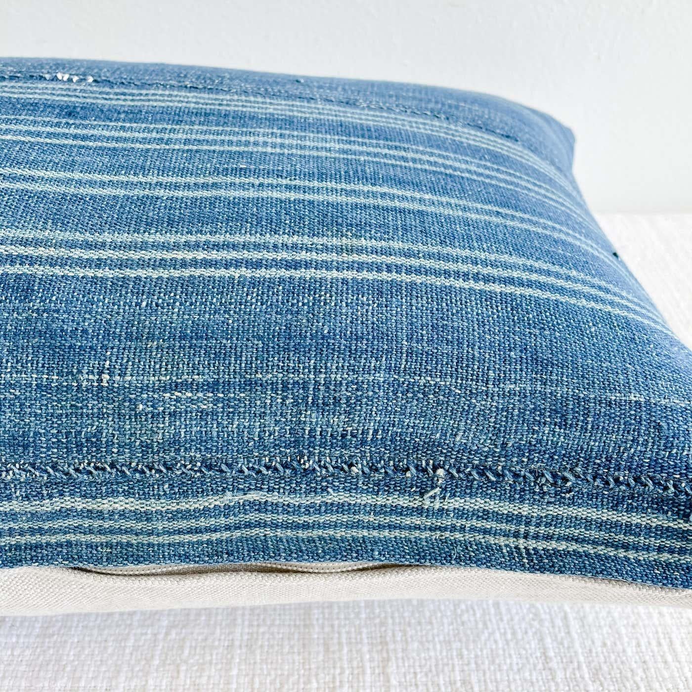 Cotton Vintage Custom Made Batik Blue Accent Pillow with Down Feather Insert