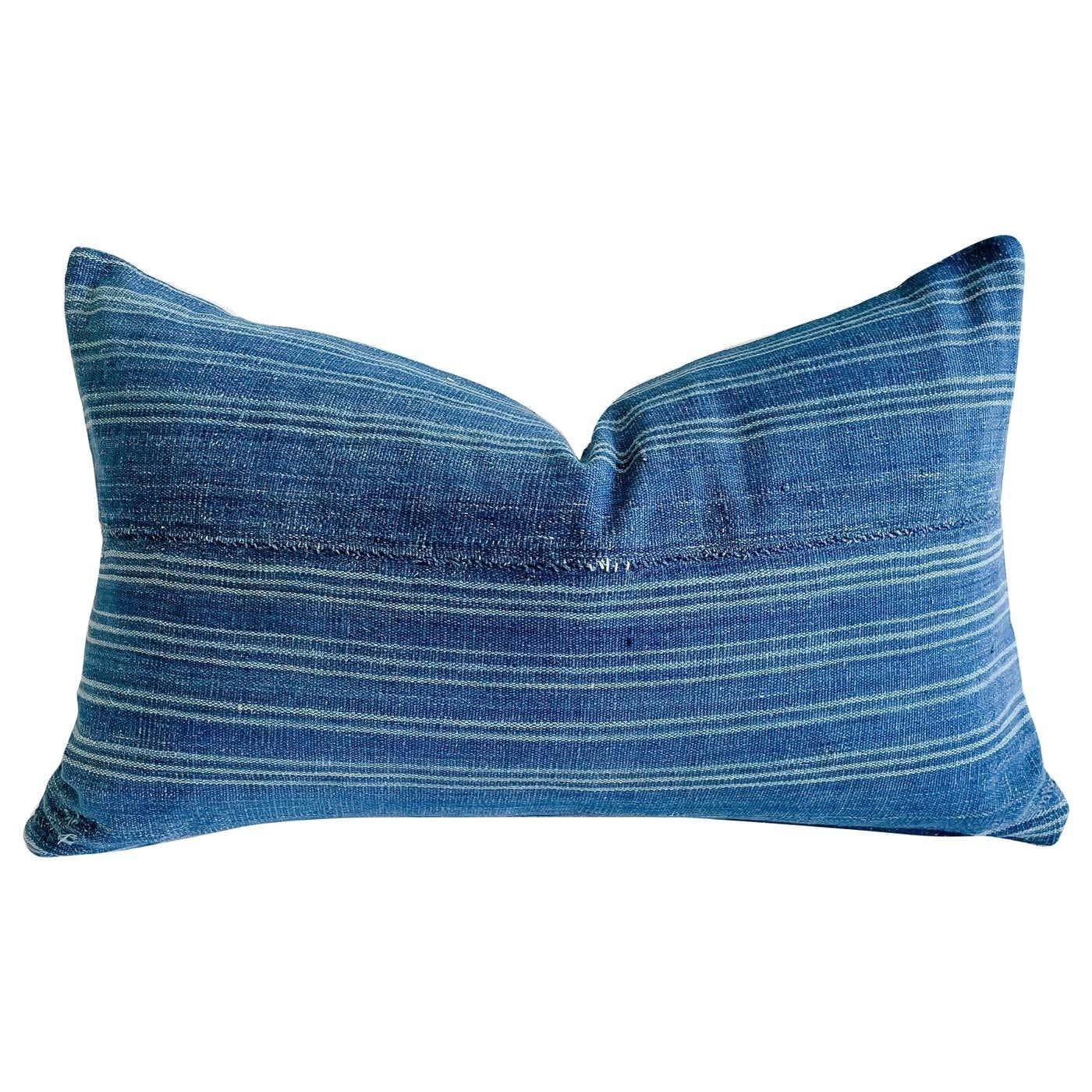 Vintage Custom Made Batik Blue Accent Pillow with Down Feather Insert 1
