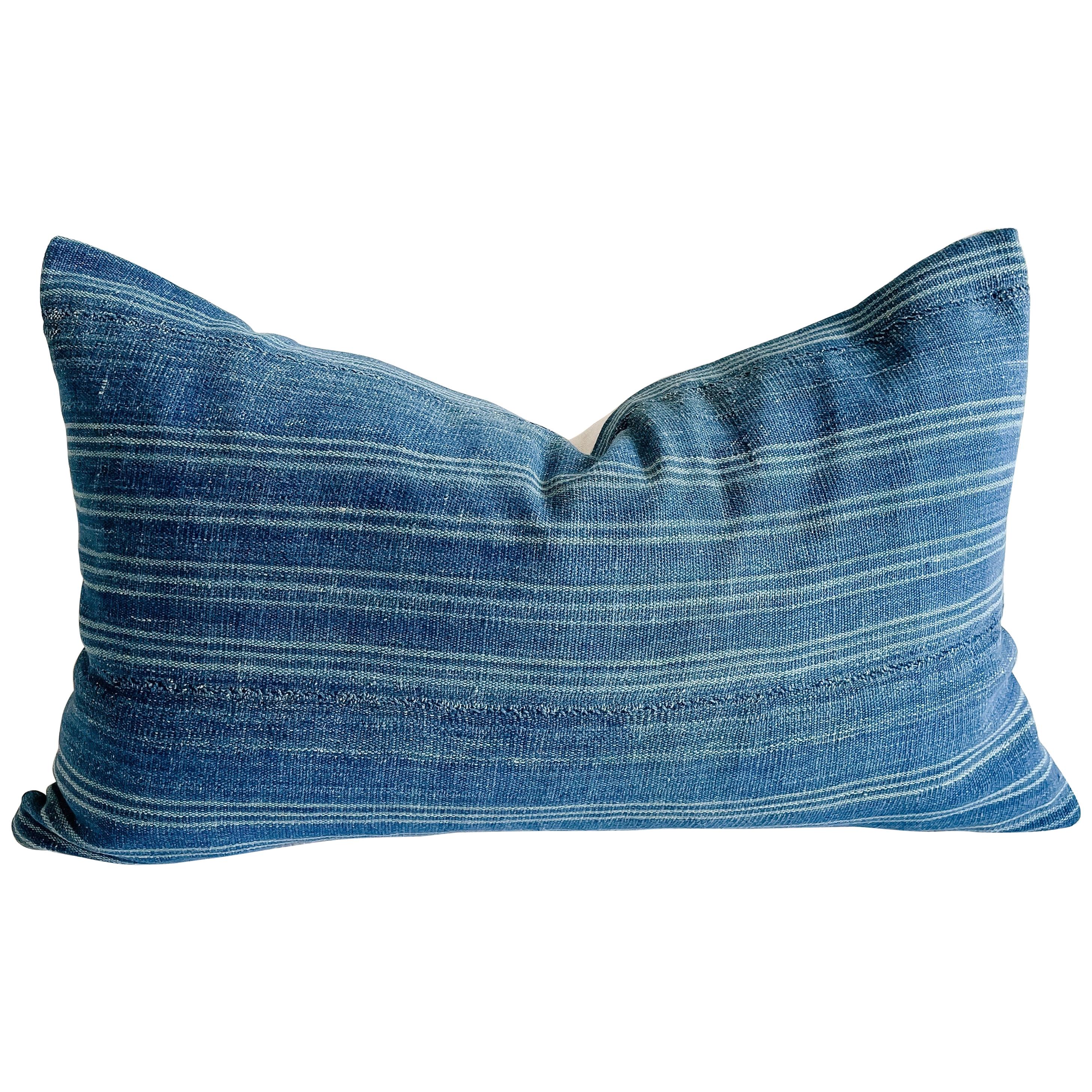 Vintage Custom Made Batik Blue Accent Pillow with Down Feather Insert For Sale