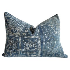 Vintage Custom Made Batik Blue Accent Pillow with Down Feather Insert