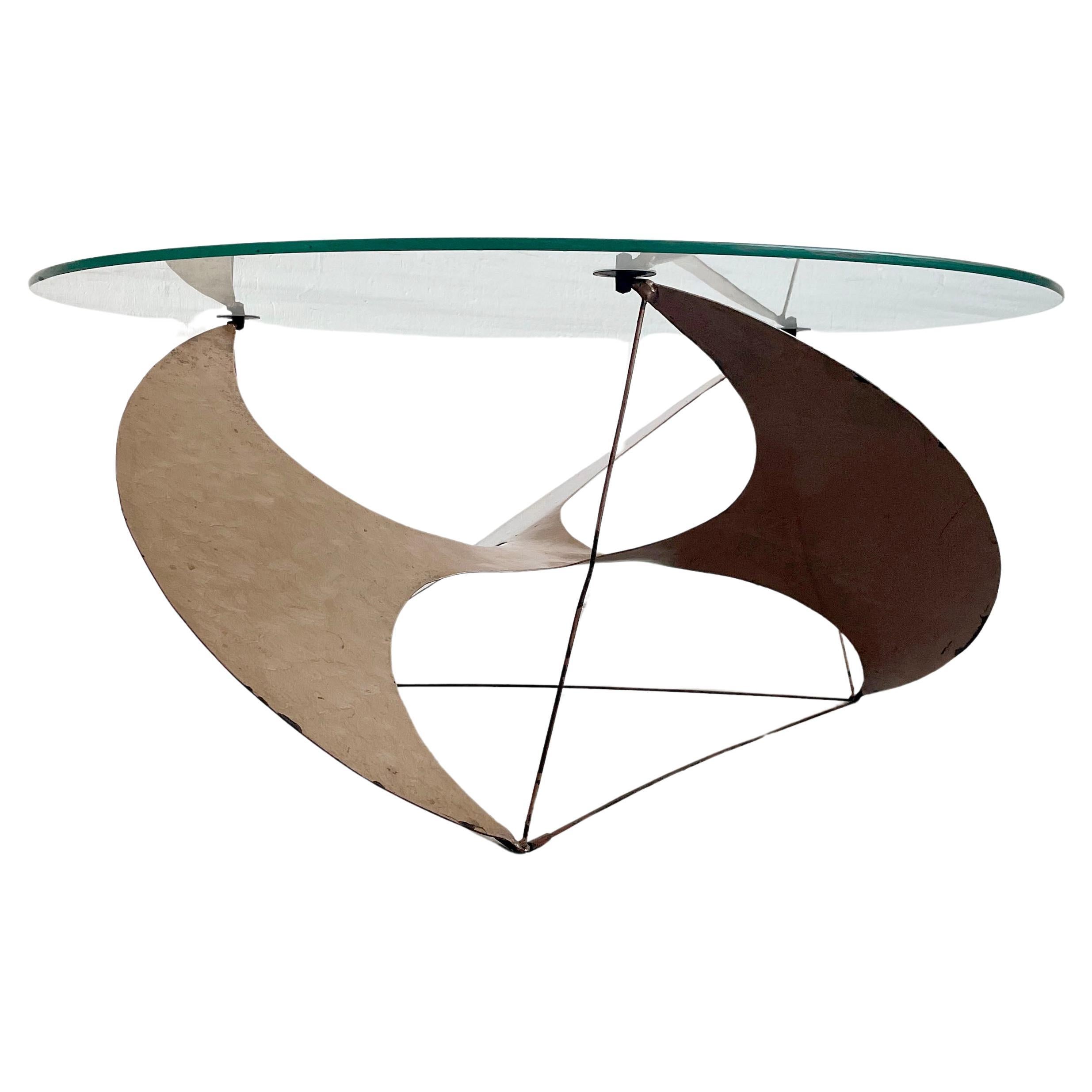 Vintage Custom Made Brutalist Coffee table Propeller shaped Metal Base and Glass For Sale
