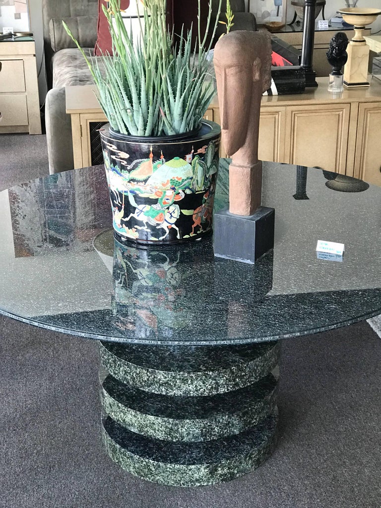 Vintage Custom-Made Crackle Glass Italian Modern Drum Base Dining Table For Sale at 1stdibs