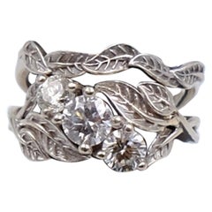 Vintage Custom Made Double Ring 1.2 Ct 3 Diamonds 14K White Gold size 5.5